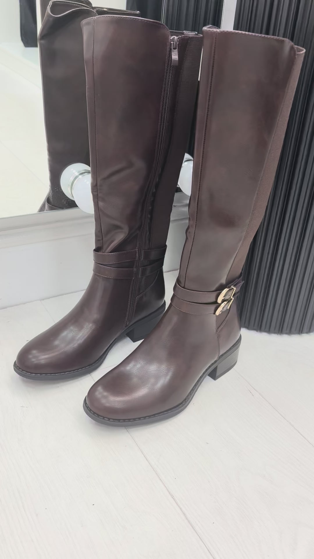 Load video: Luissa Faux Leather Buckle Detail Knee High Boots
