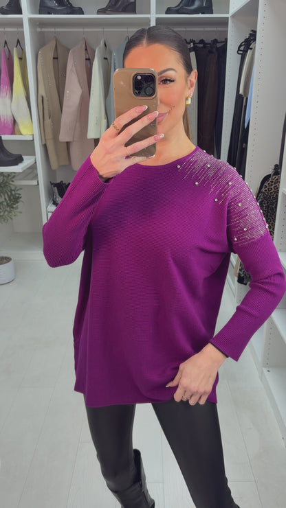 Janise Plain Embellished Shoulder Knit Jumper