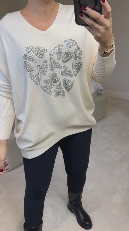 Carys Heart Silver Diamante & Gem V-Neck Jumper