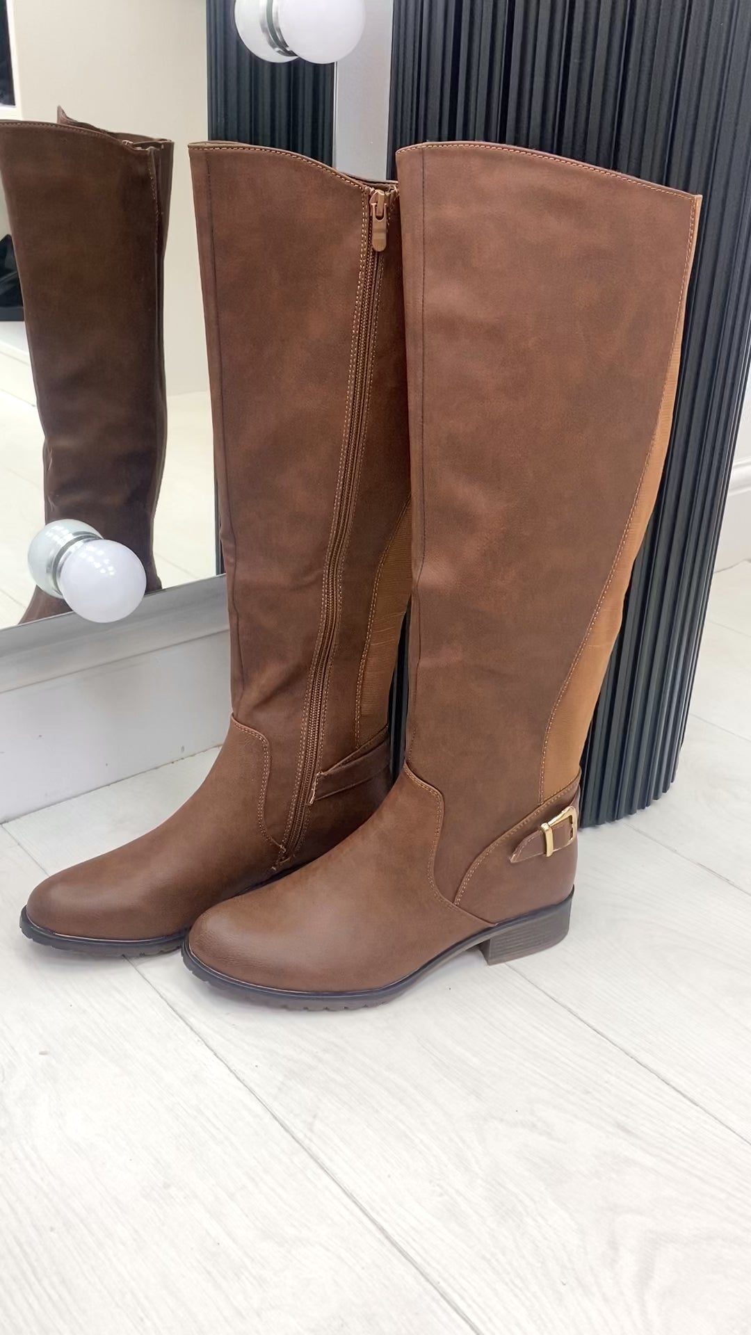 Load video: Franko Camel Buckle Detail Knee High Boots