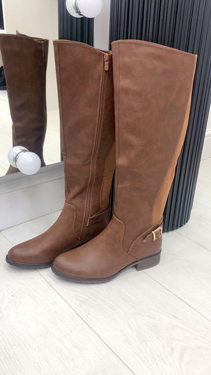 Franko Camel Buckle Detail Knee High Boots
