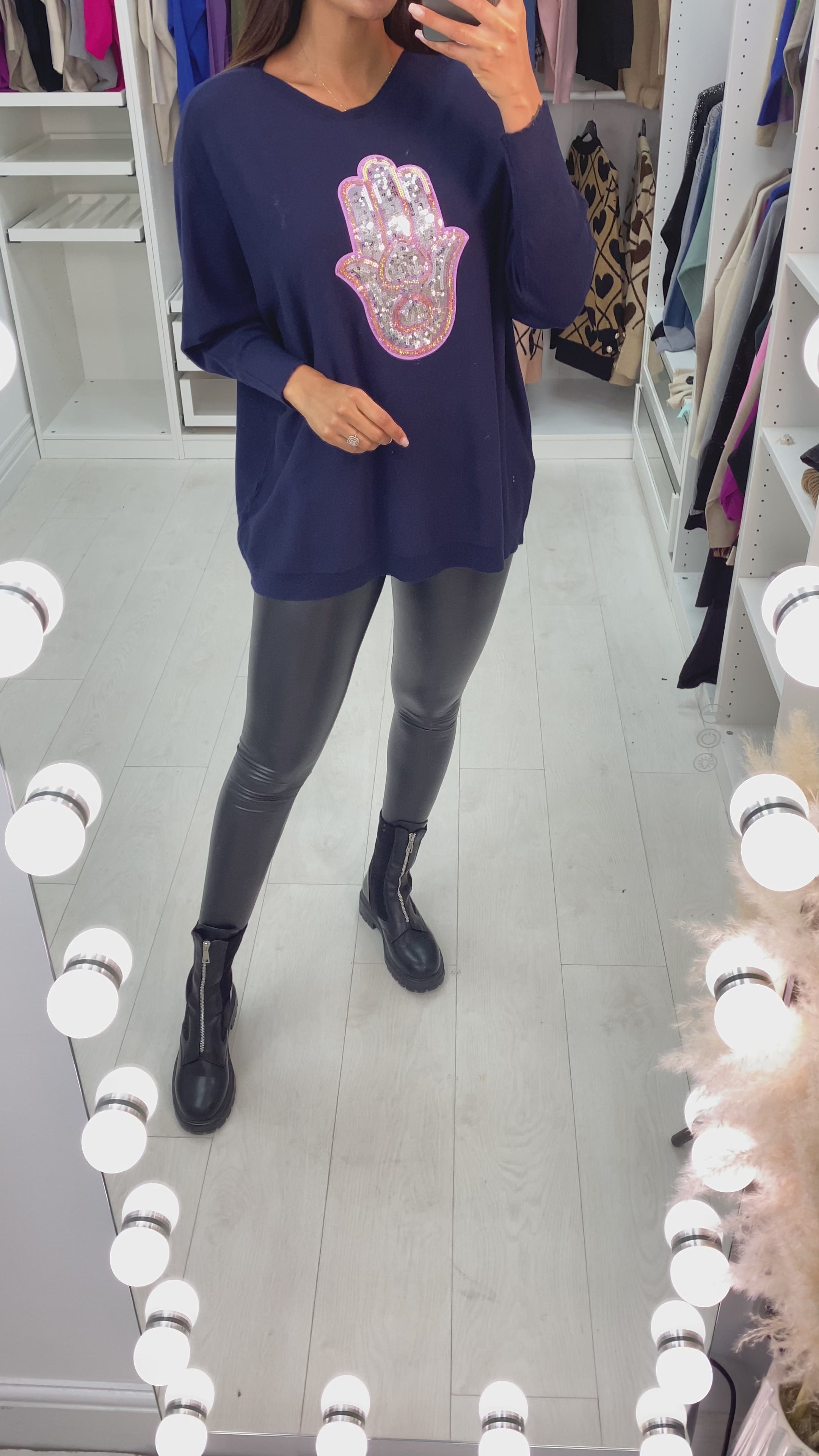 Ela Sequin Hamsa Hand Drop Sleeve Knit Top