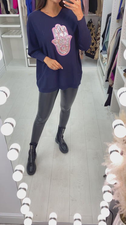 Ela Sequin Hamsa Hand Drop Sleeve Knit Top