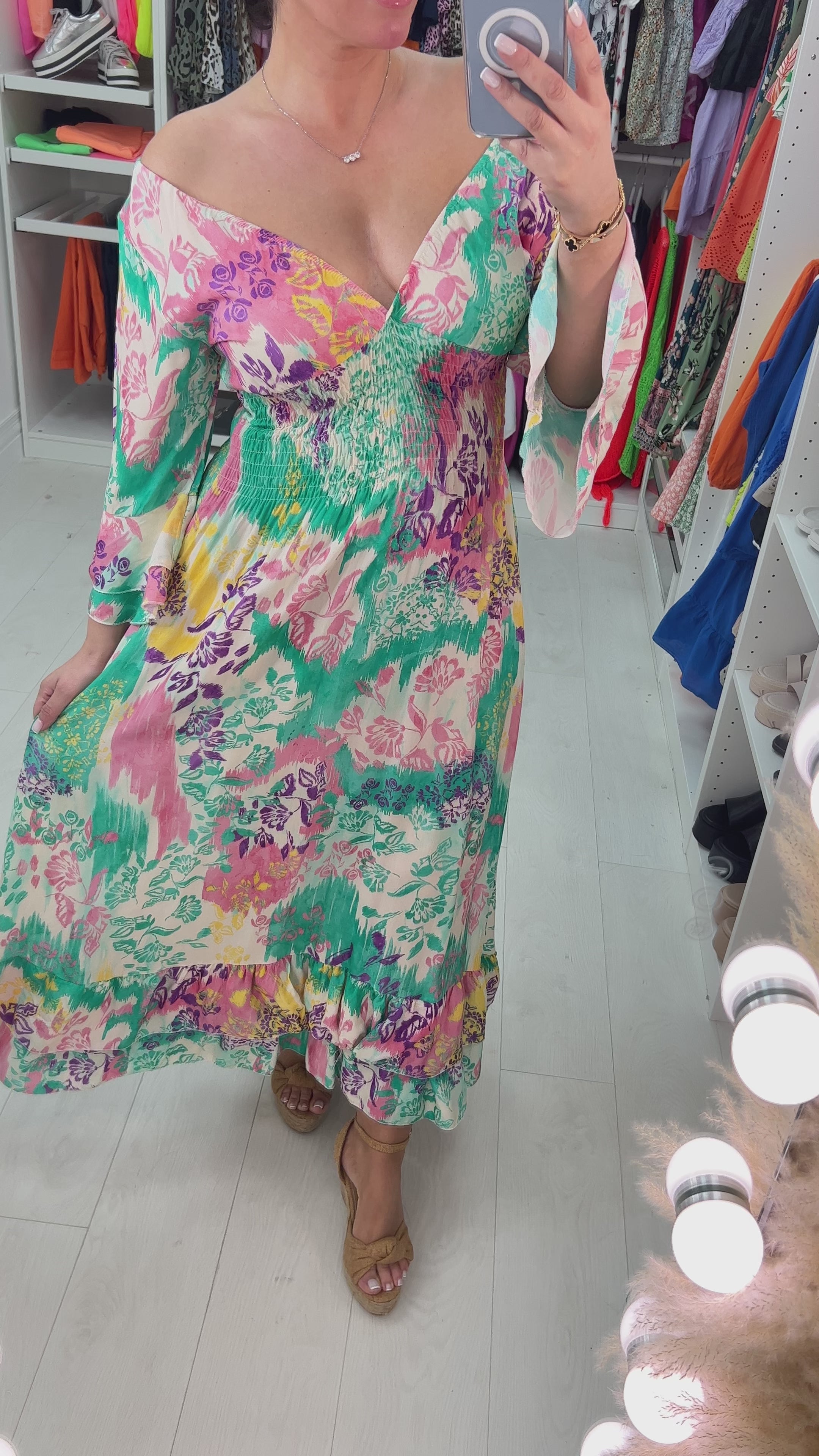 Load video: Florantia Vibrant Floral Print Riffle Hem Maxi Dress