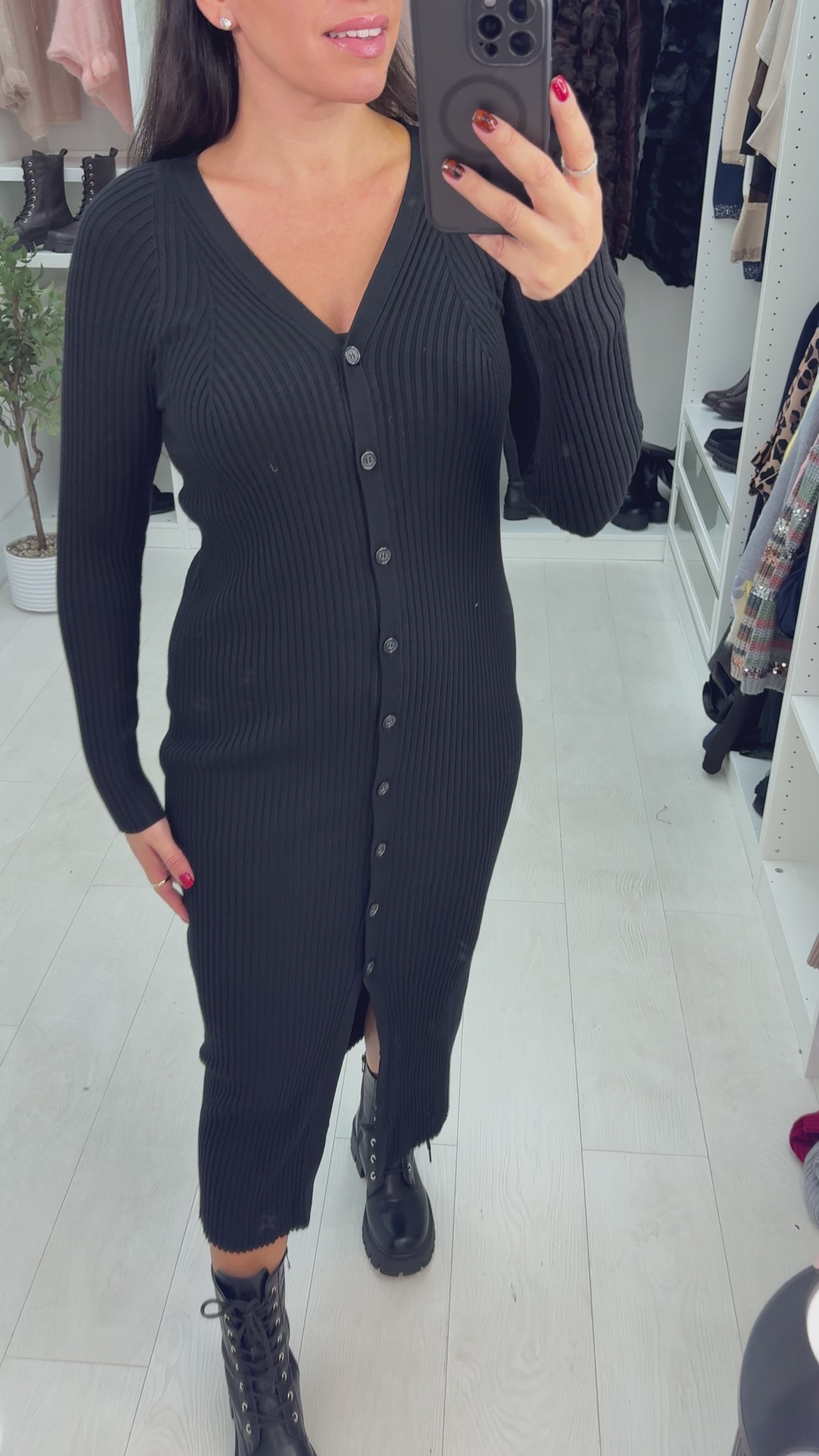 Load video: Jolena Plain Ribbed Button Front Jumper Dress