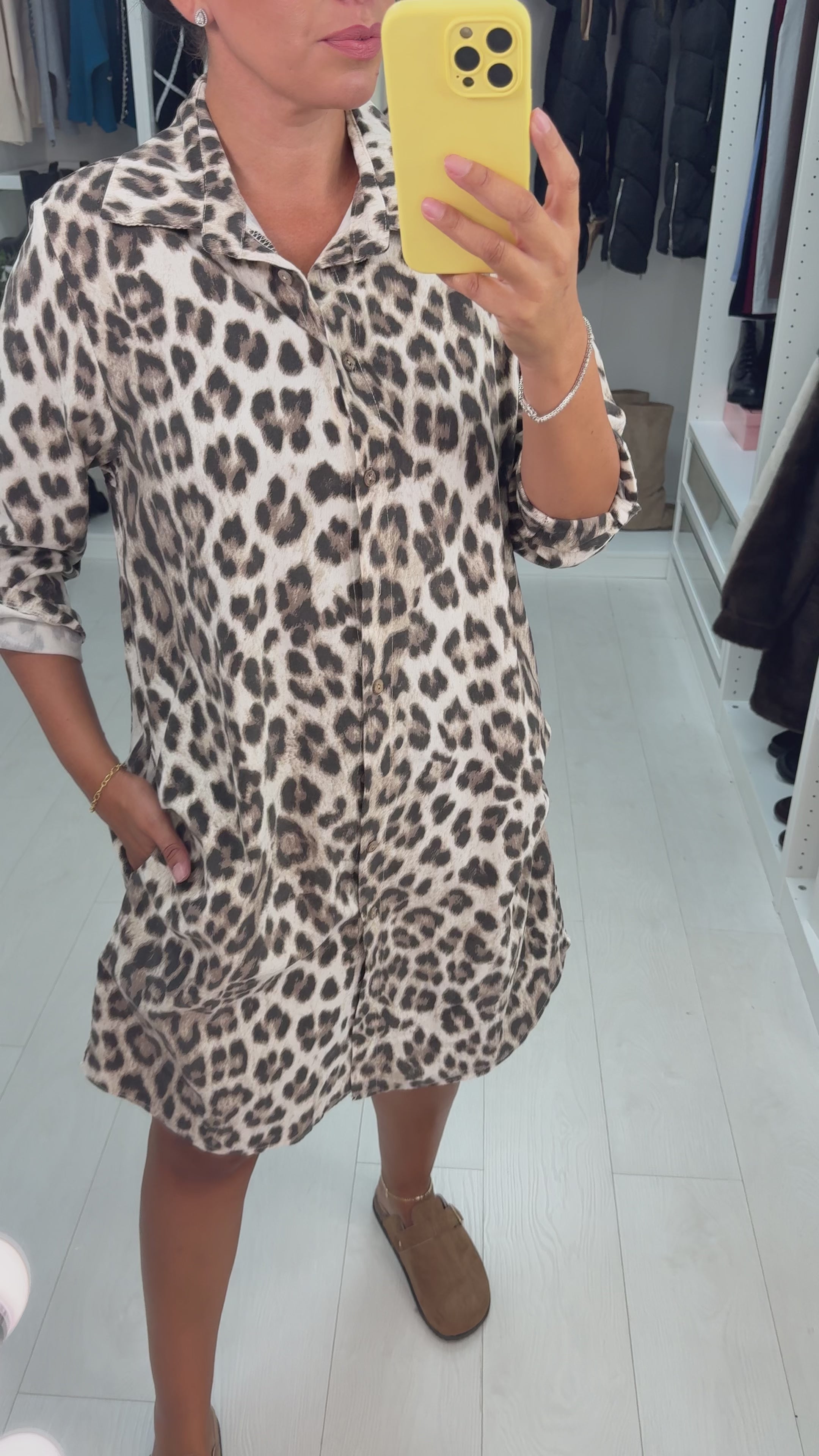 Load video: Nadene Leopard Print Corduroy Shirt Dress