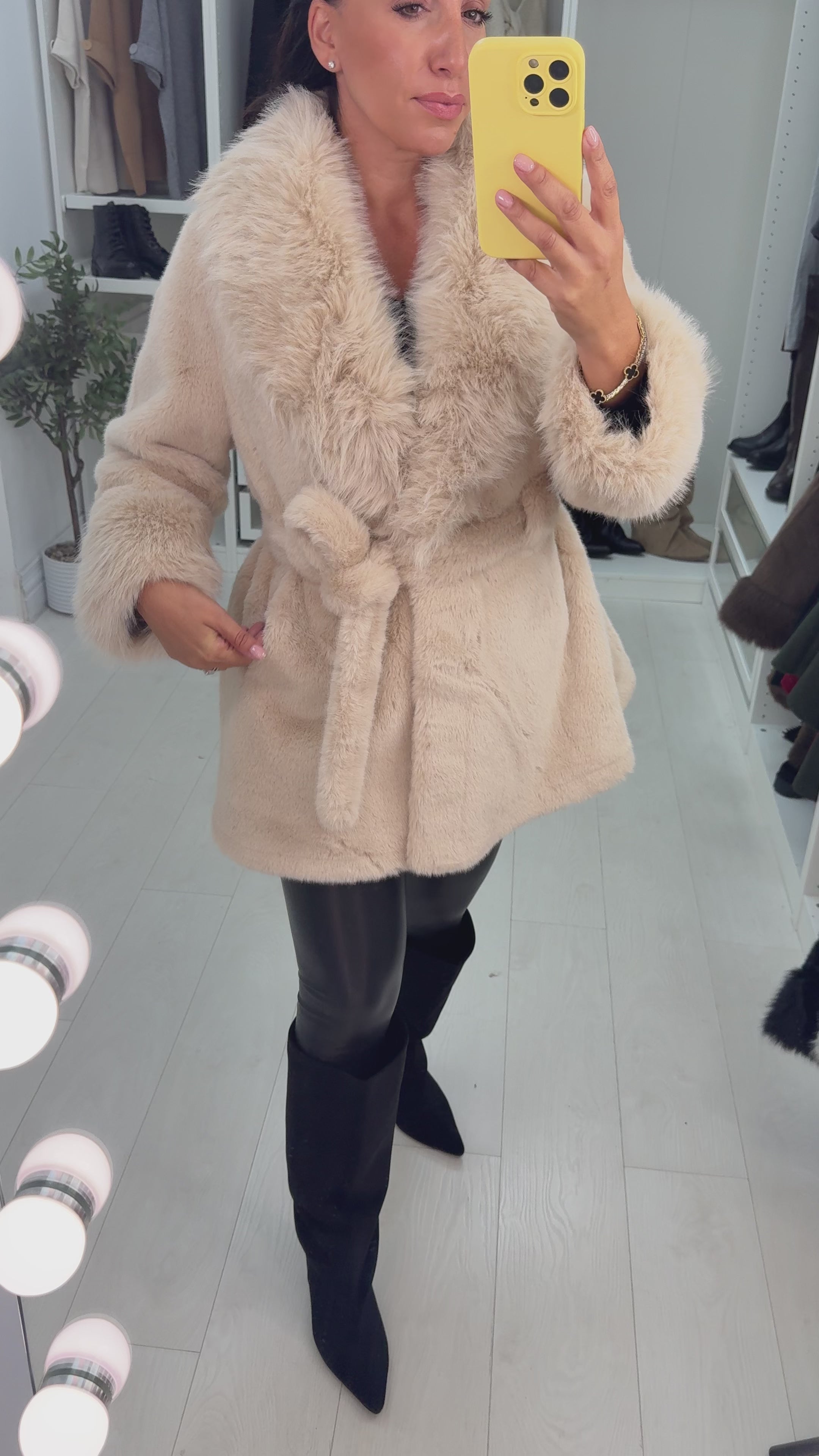 Load video: Manuela Faux Fur Belted Coat