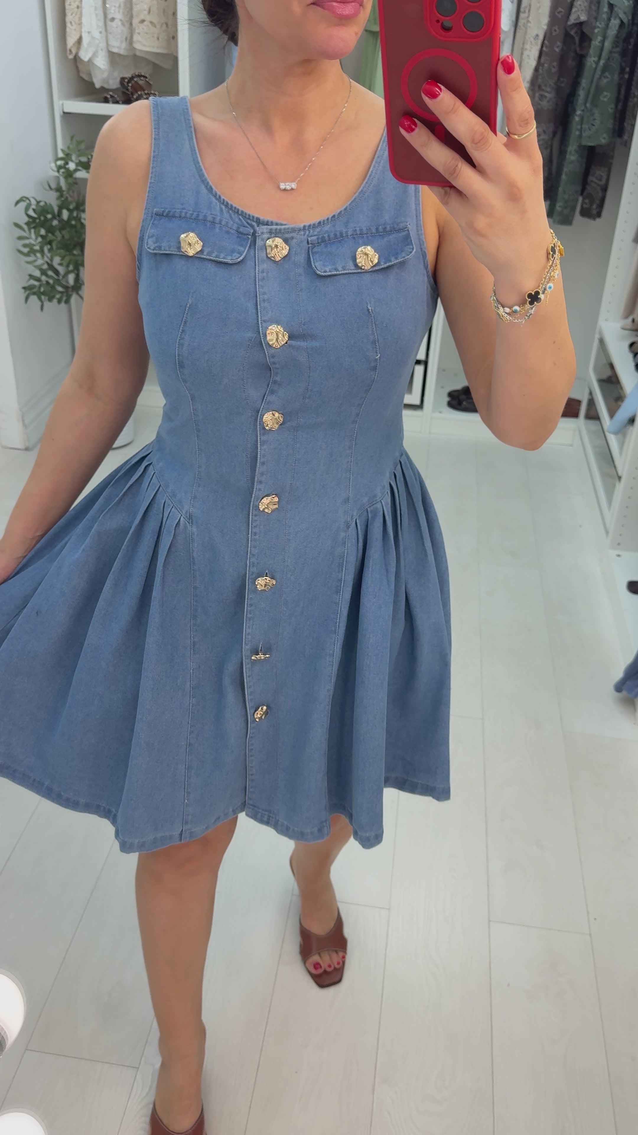 Keeva Embellished Button Front Denim Midi Dress
