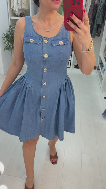 Keeva Embellished Button Front Denim Midi Dress