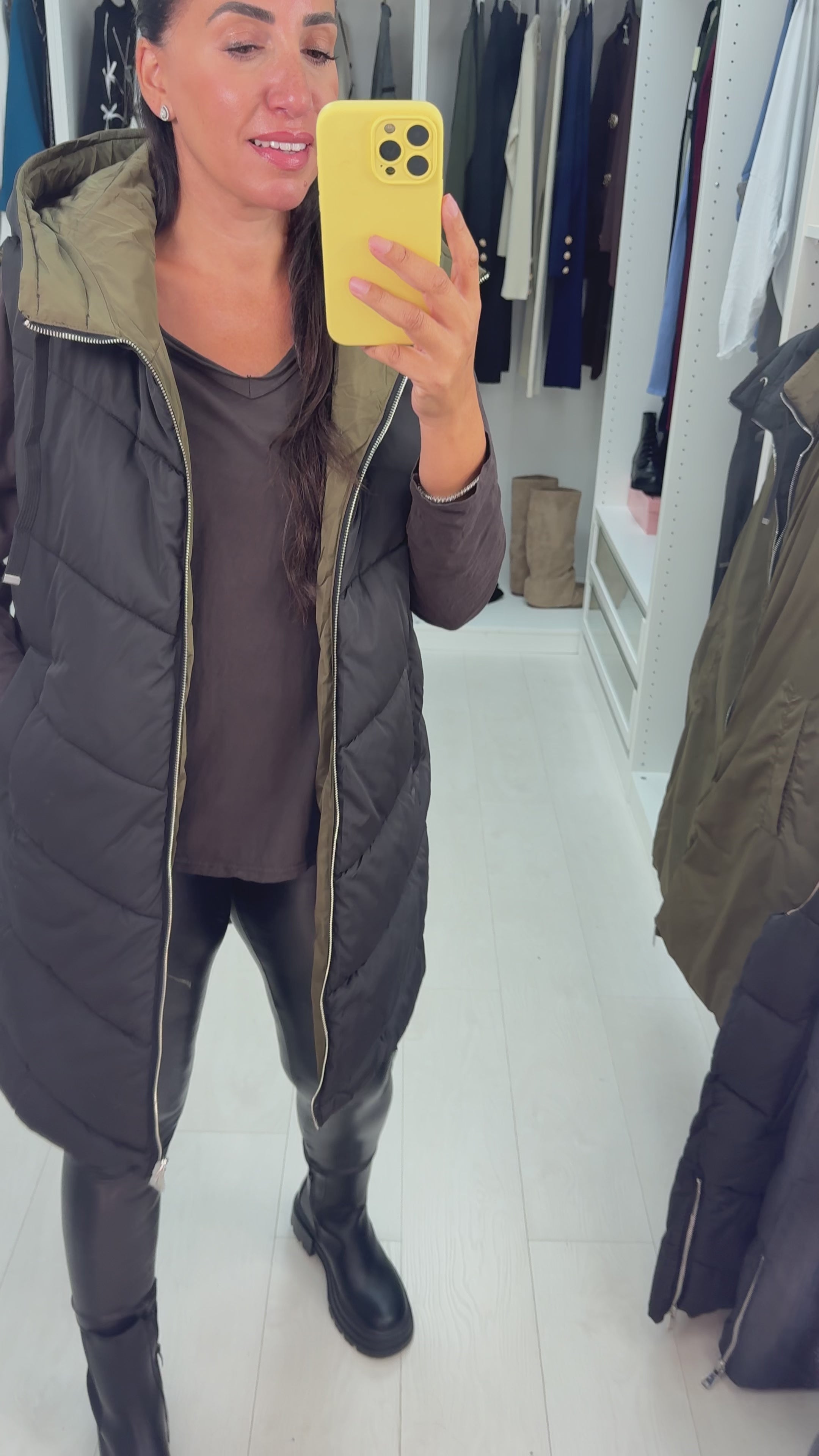 Load video: Mabella Reversible Hooded Puffer Gilet