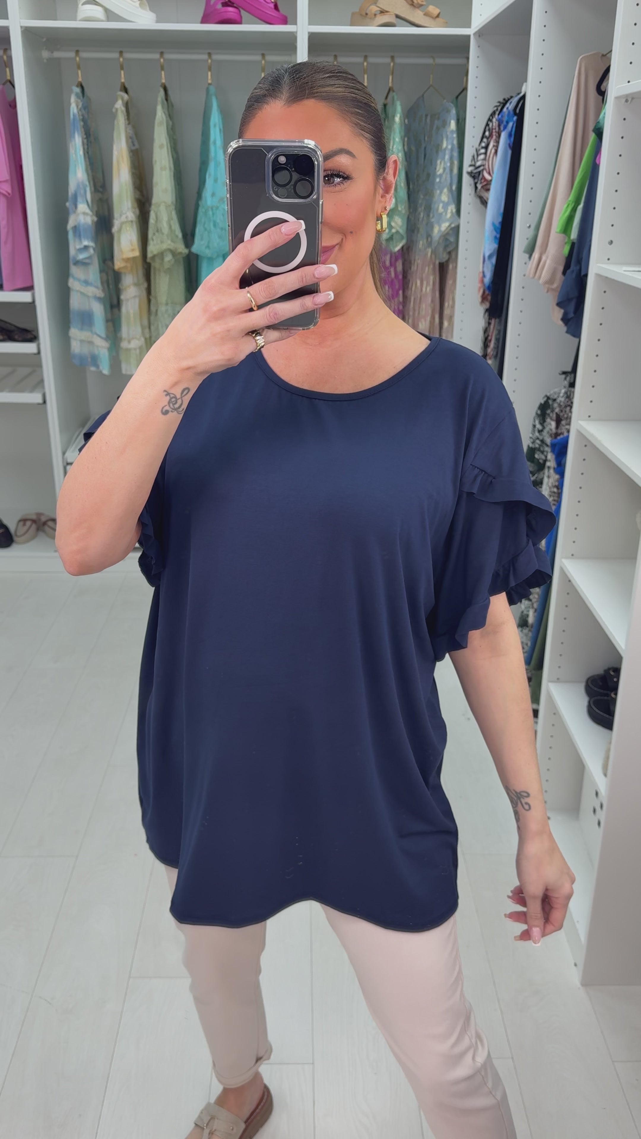 Load video: Gwenyth Plain Frill Sleeve Detailed Loose Fit T-Shirt