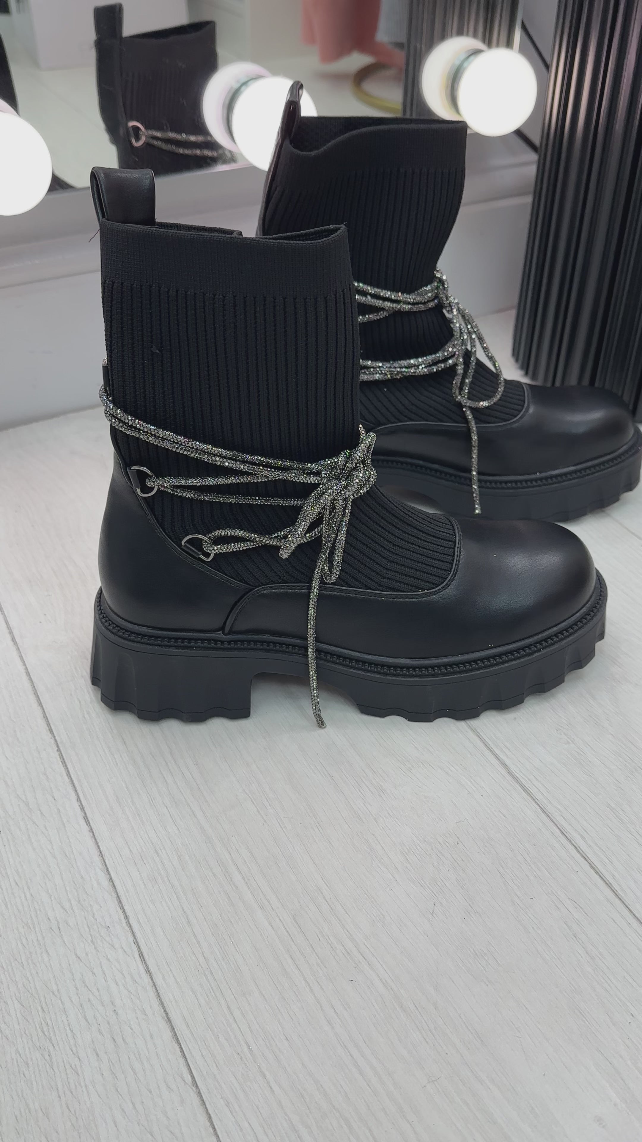 Load video: Navesa Faux Leather Ribbed Sock Detailed Diamante Lace Boots