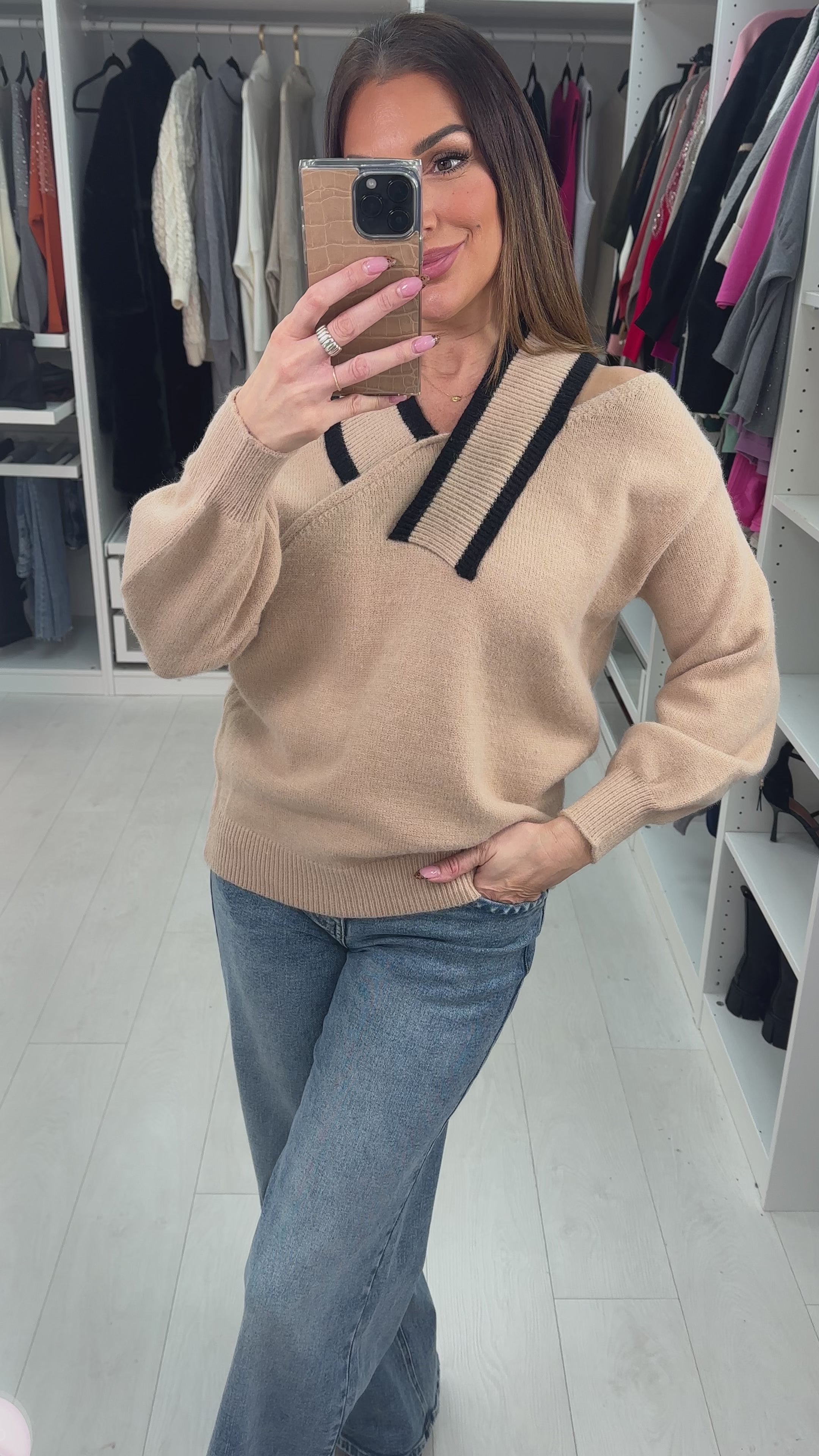 Load video: Shona V Detailed Cold Shoulder Knit Jumper