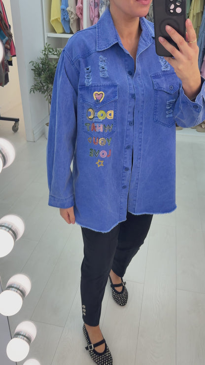 Leslie 'DO WHAT YOU LOVE' Slogan Distressed Denim Shirt