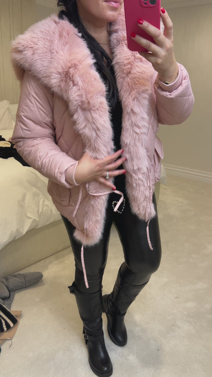 Olympia Pink Short Quilted Faux Fur Trim Coat