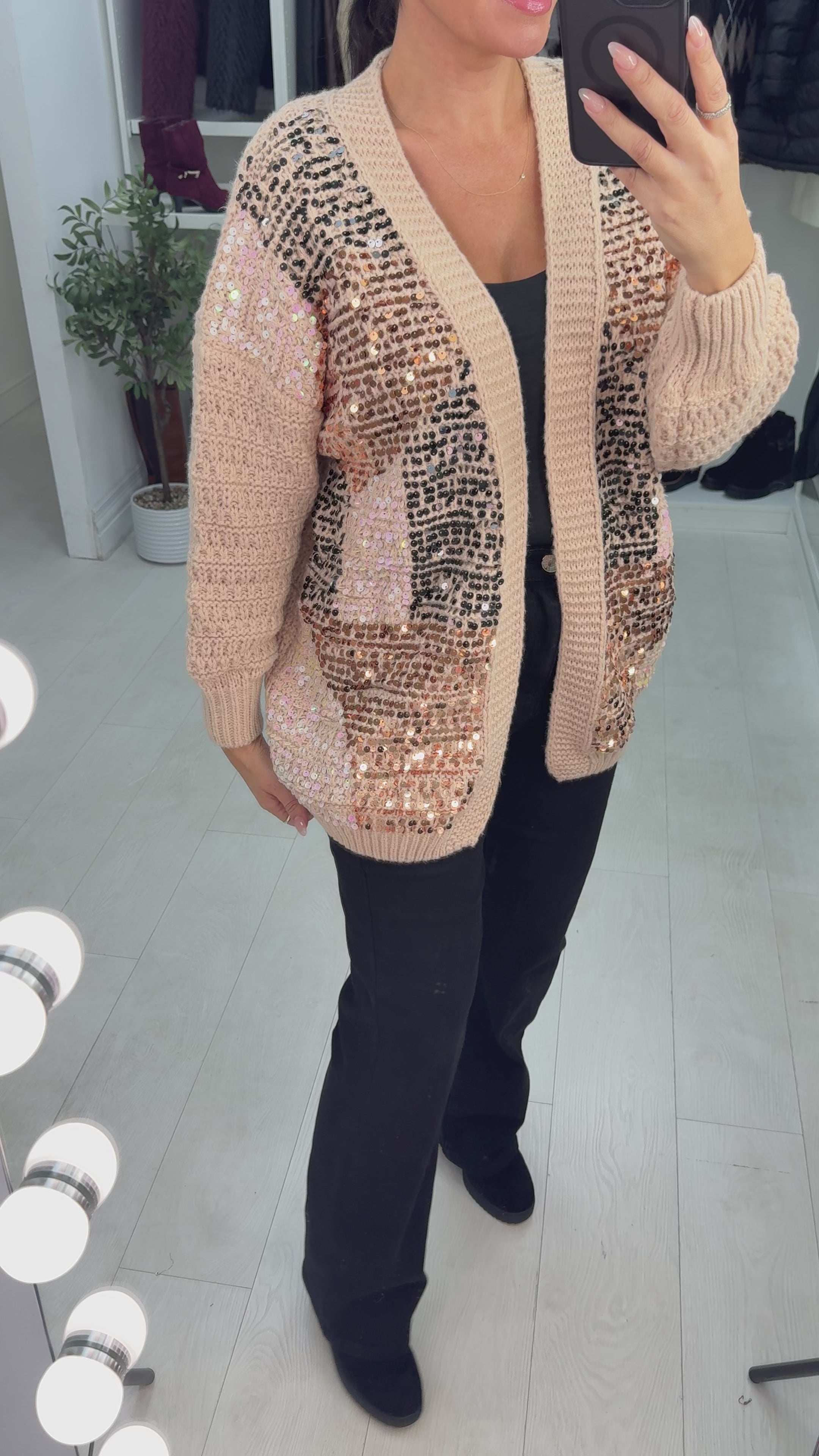 Load video: Jacqui Sequin Embellished Chunky Open Front Cardigan