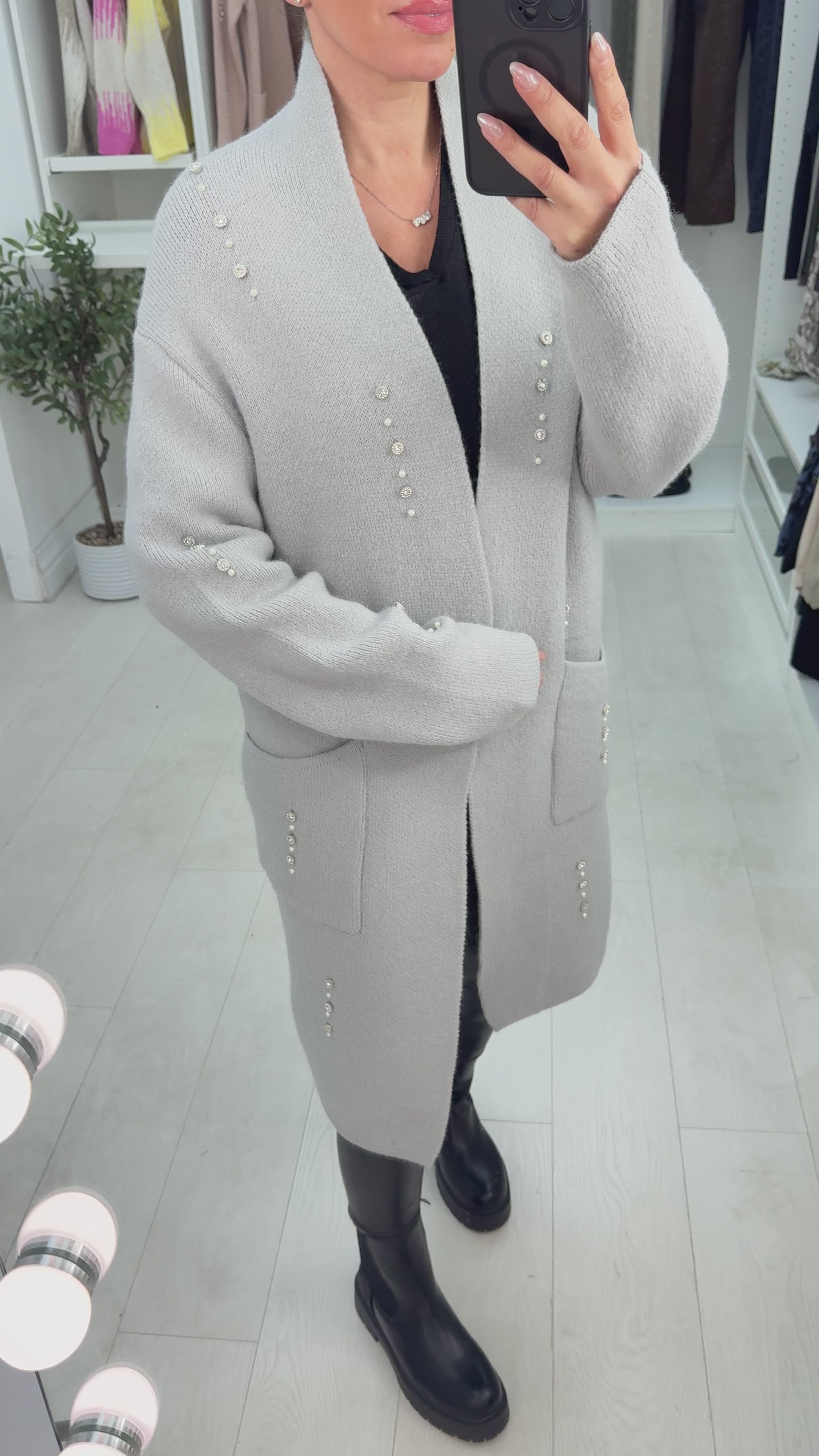 Load video: Emelia Embellished Open Front Longline Cardigan