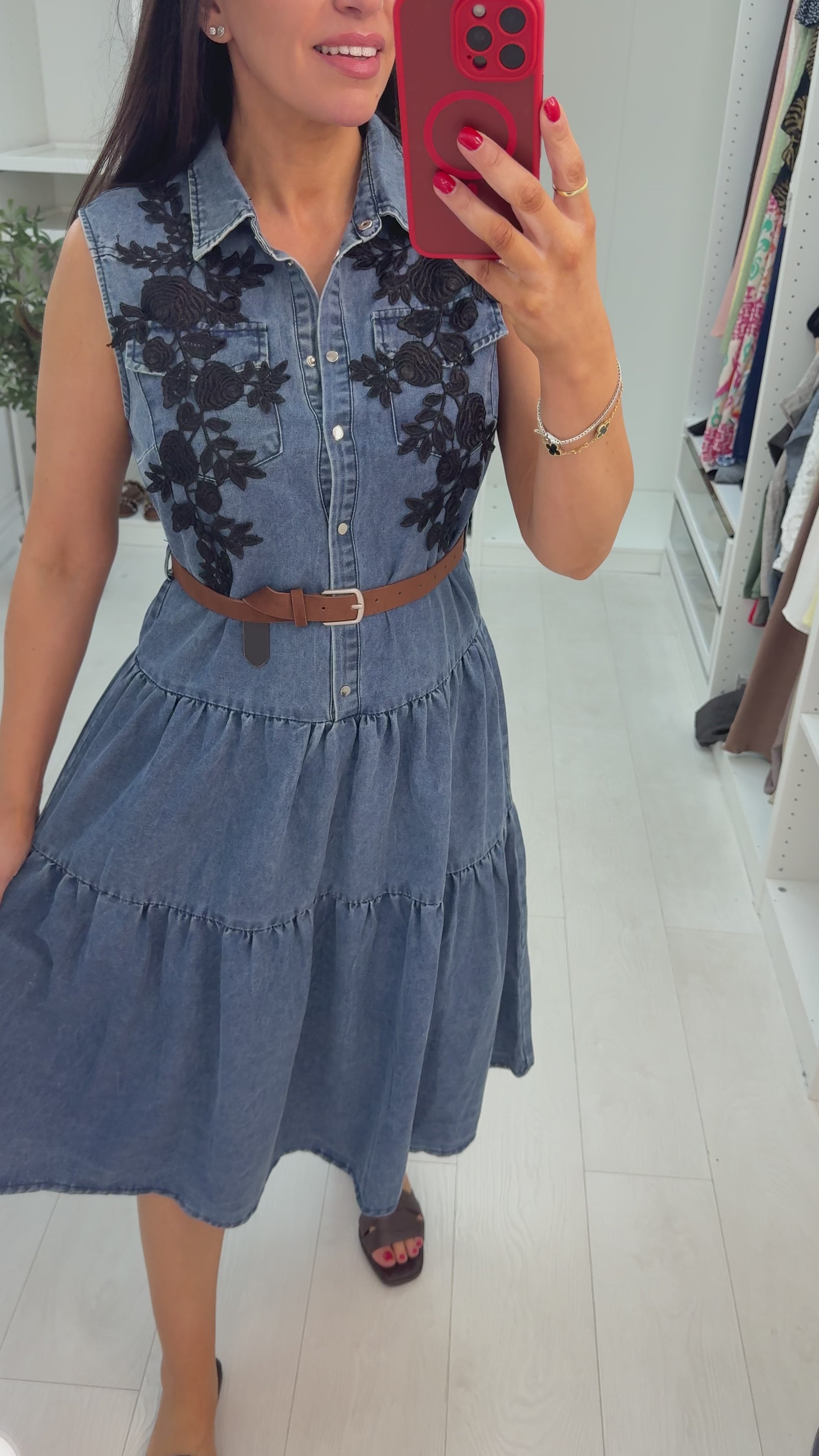 Hera Sleeveless Floral Denim Dress with Belt