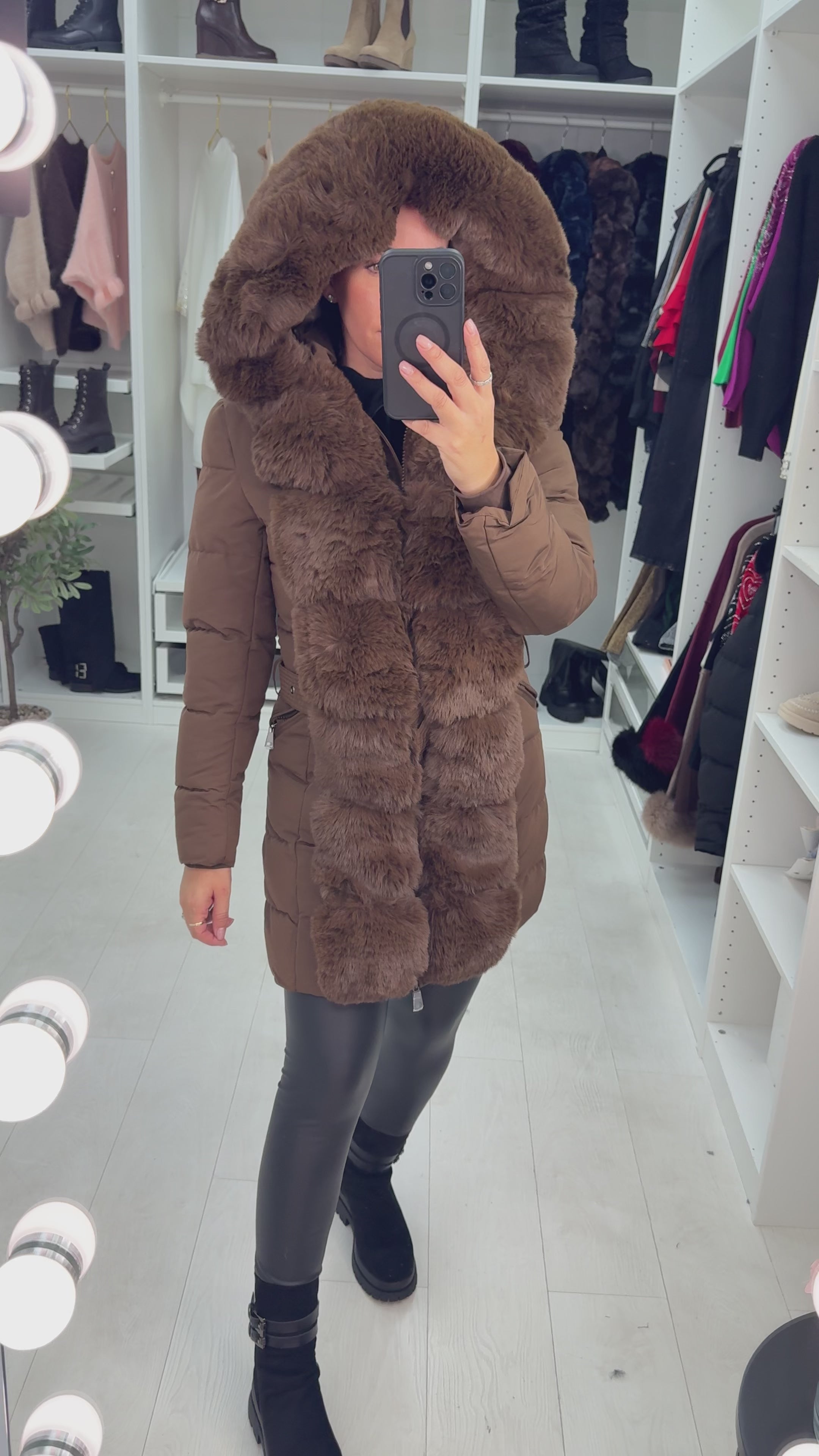 Load video: Waverly Faux Fur Padded &amp; Belted Coat