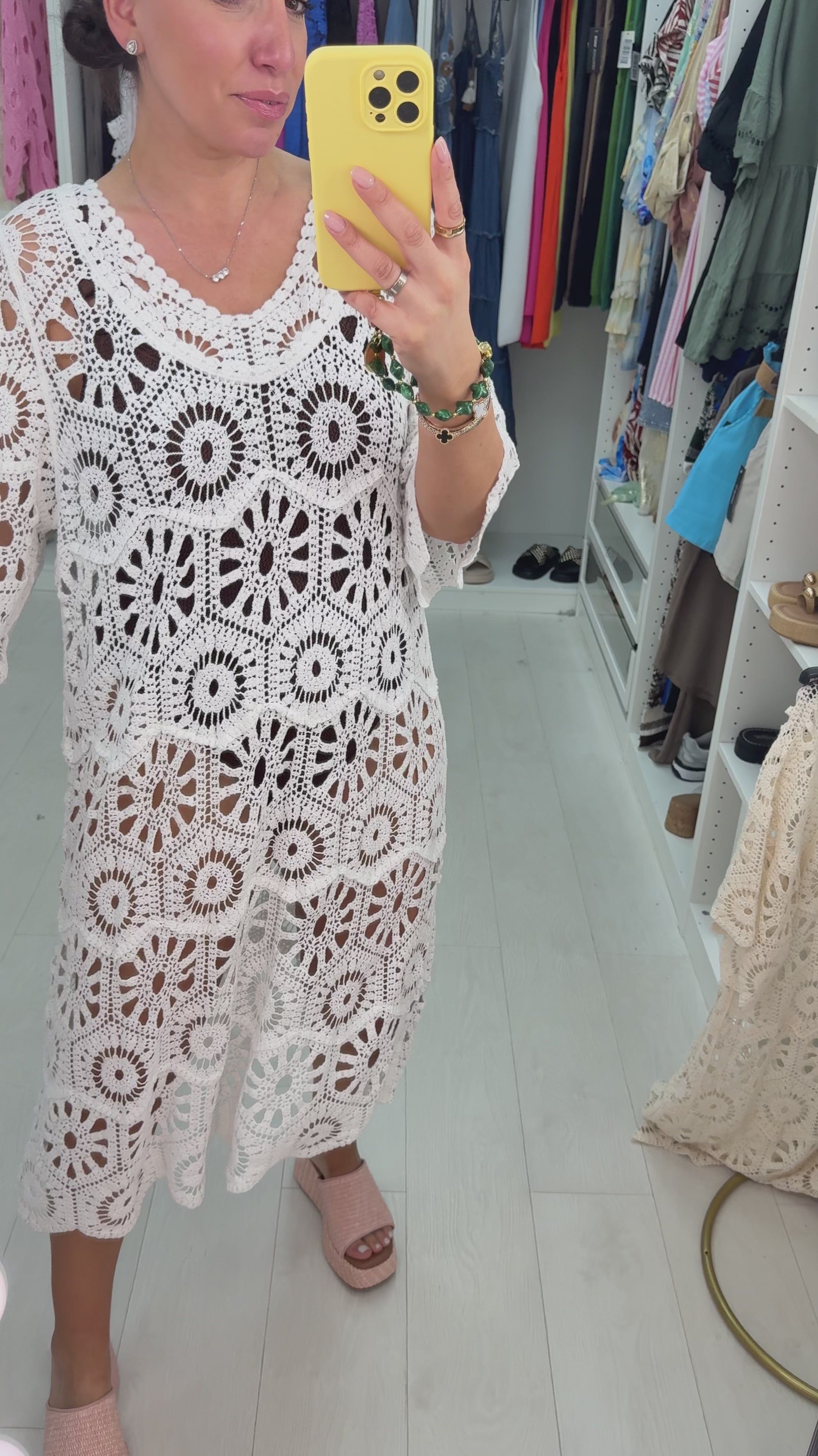 Load video: Valente Plain Crochet Midi Dress