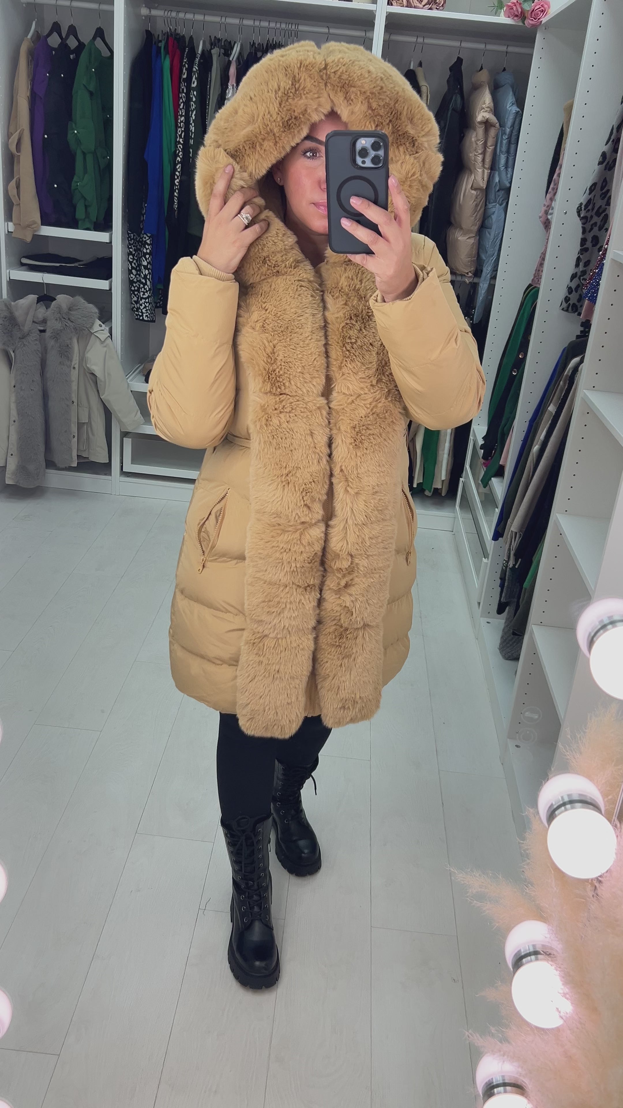Load video: Semin Camel Faux Fur Panelled Hooded Belt Padded Coat
