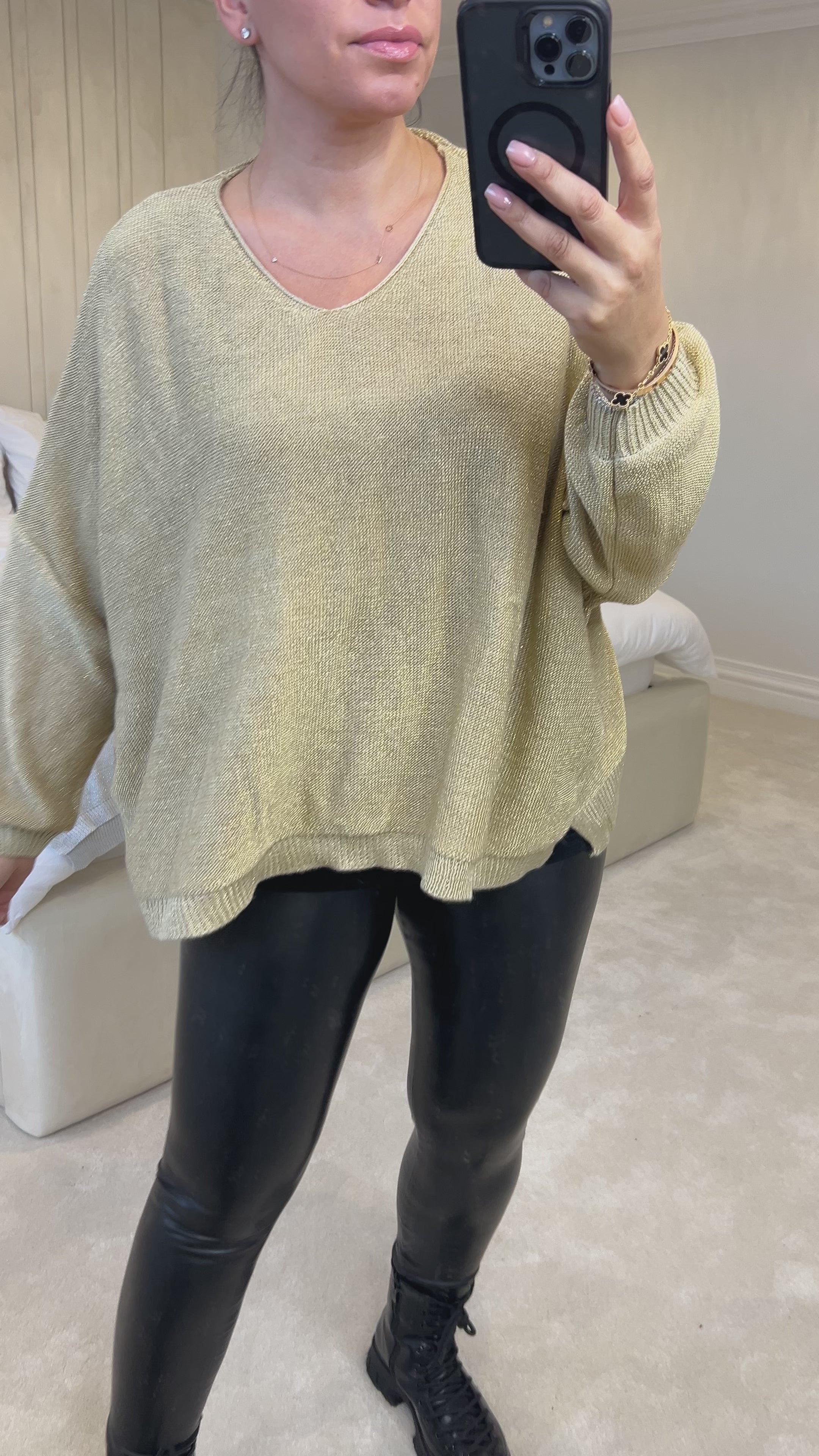 Load video: Mellis Fine Glitter Knitted V-Neck Jumper
