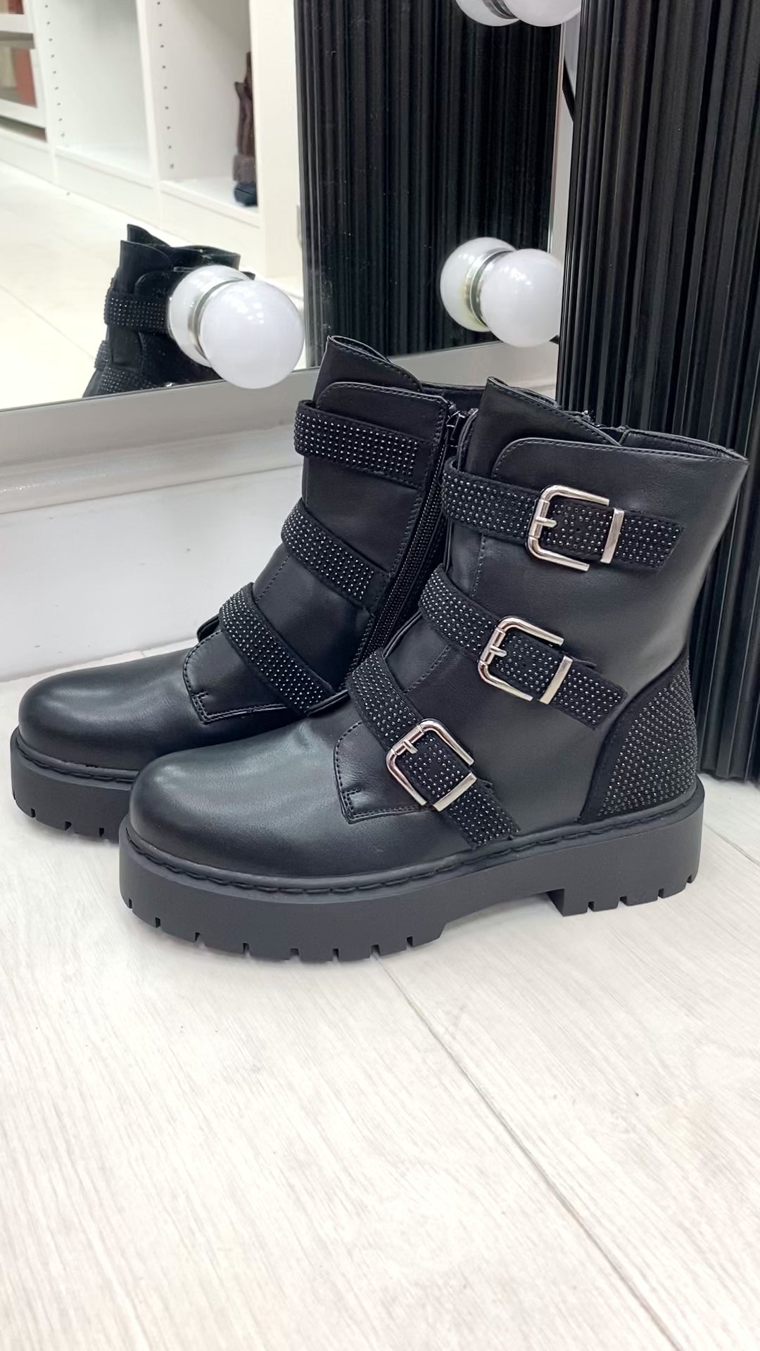 Load video: Gaspar Black Faux Leather Buckle Detailed Biker Boots