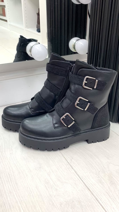 Gaspar Black Faux Leather Buckle Detailed Biker Boots