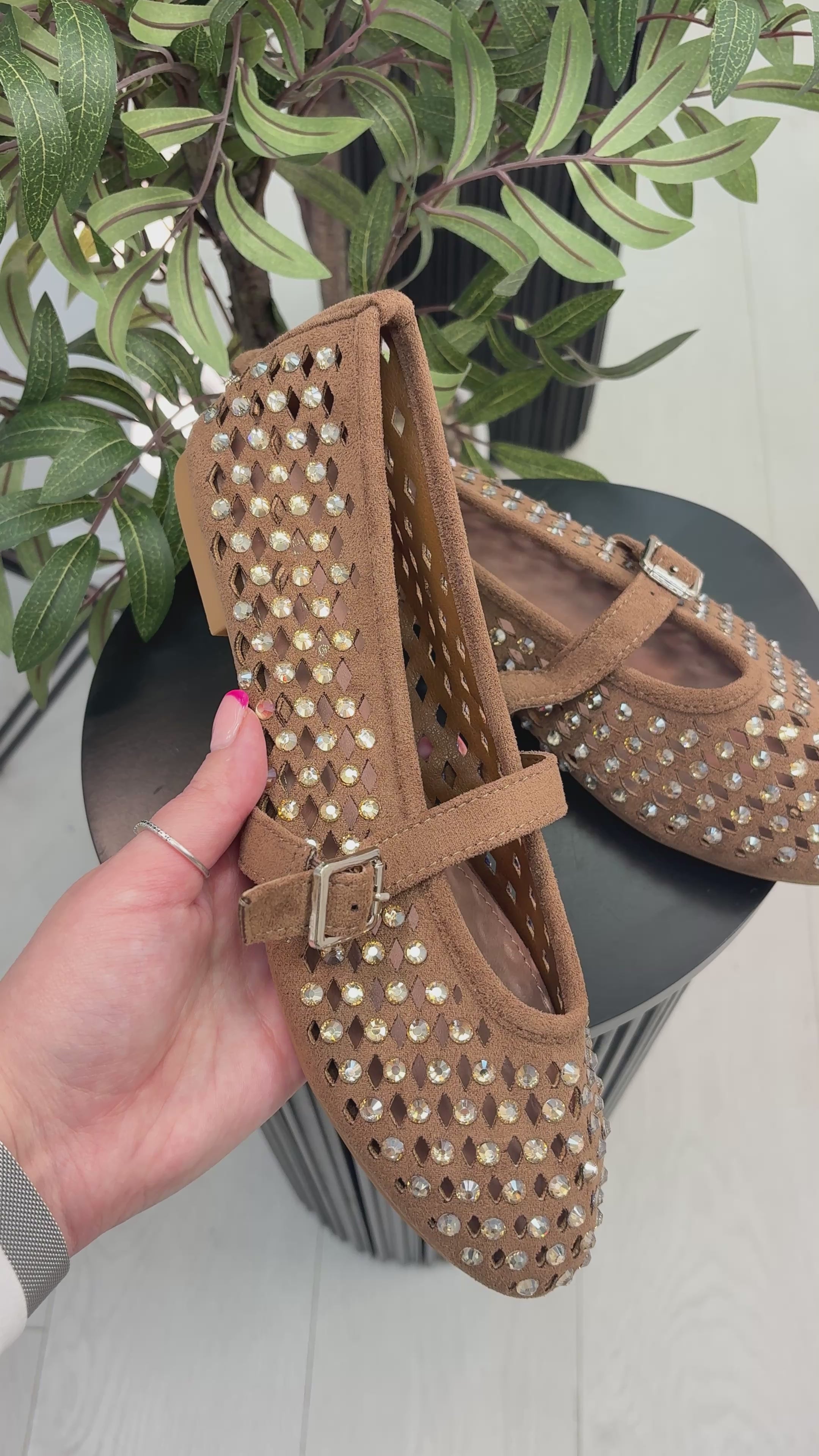 Load video: Tonya Faux Suede Studded Ballet Pumps