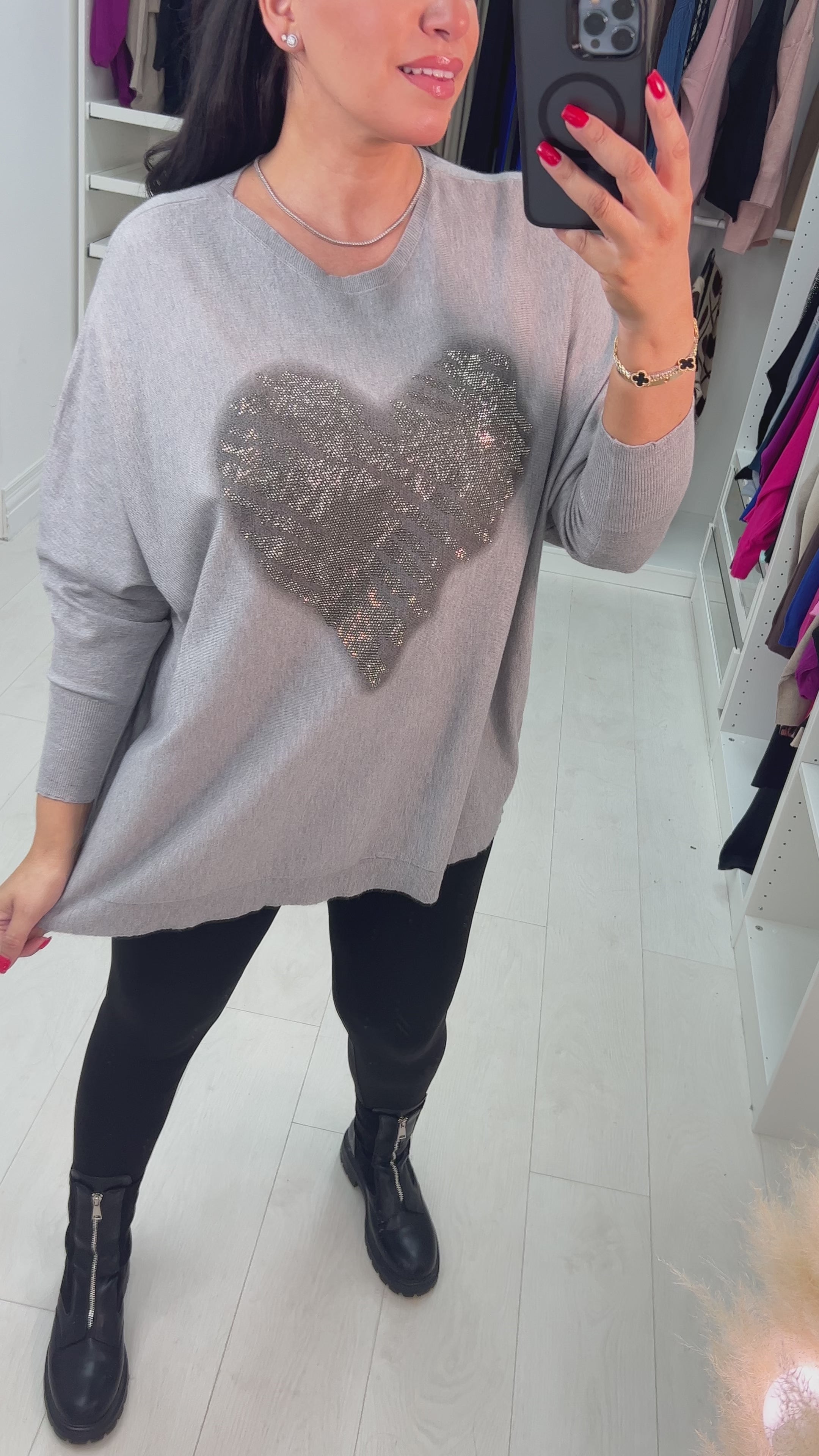 Almeolitta Diamante Studded Heart Drop Sleeve Knit Top