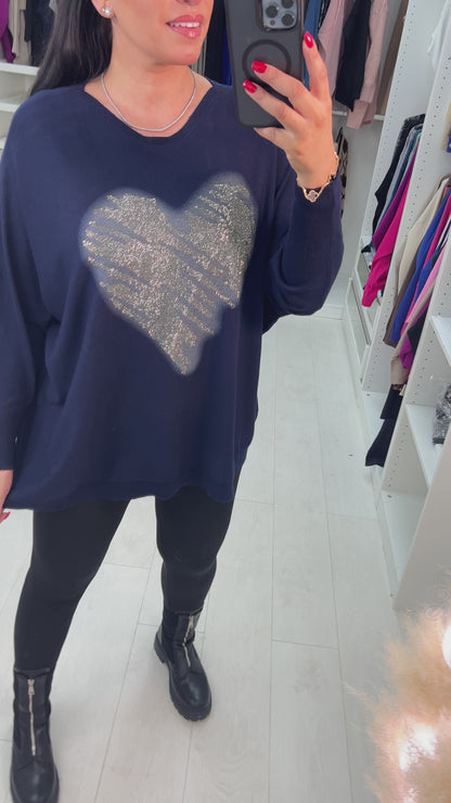 Almeolitta Diamante Studded Heart Drop Sleeve Knit Top