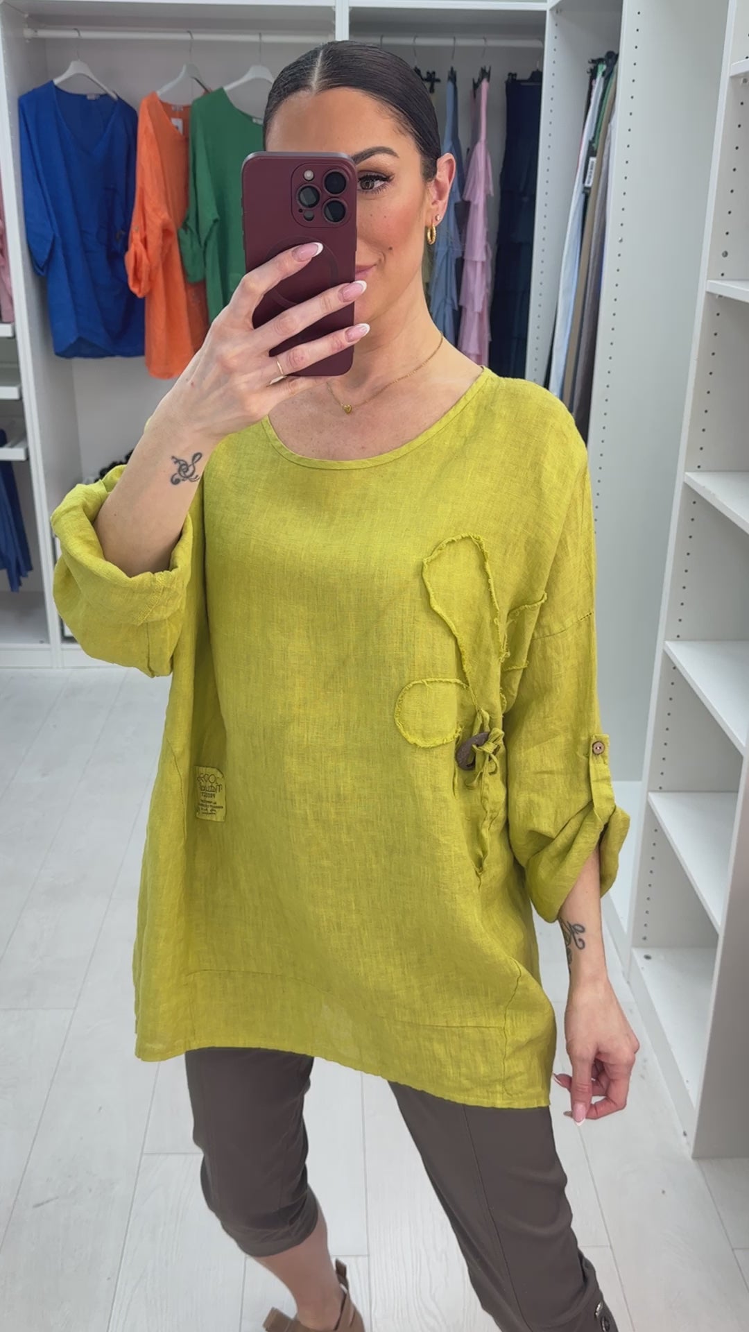 Elina Plain Flower Detail Oversized Linen Top