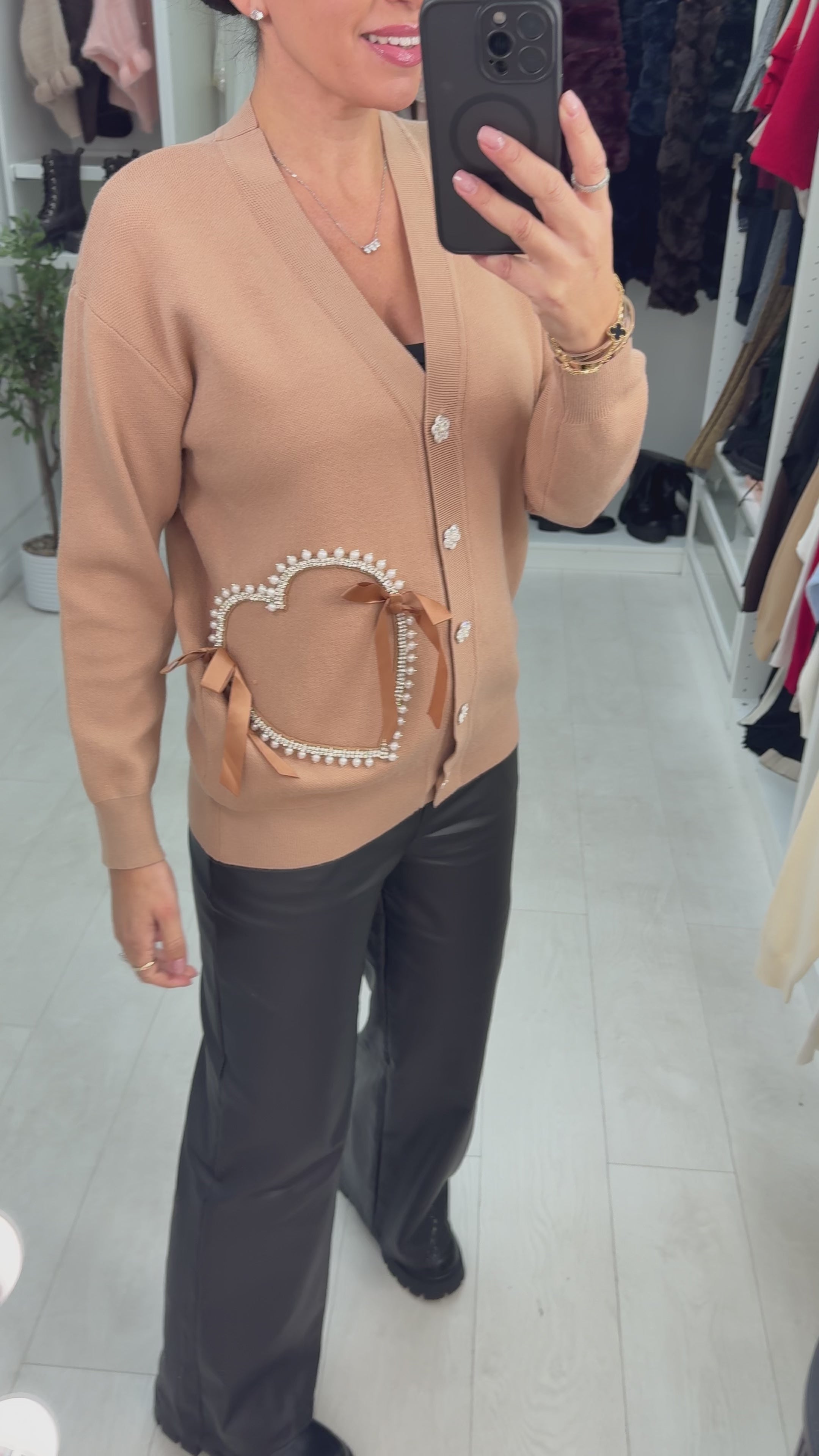 Elliana Embellished Heart V Neck Cardigan