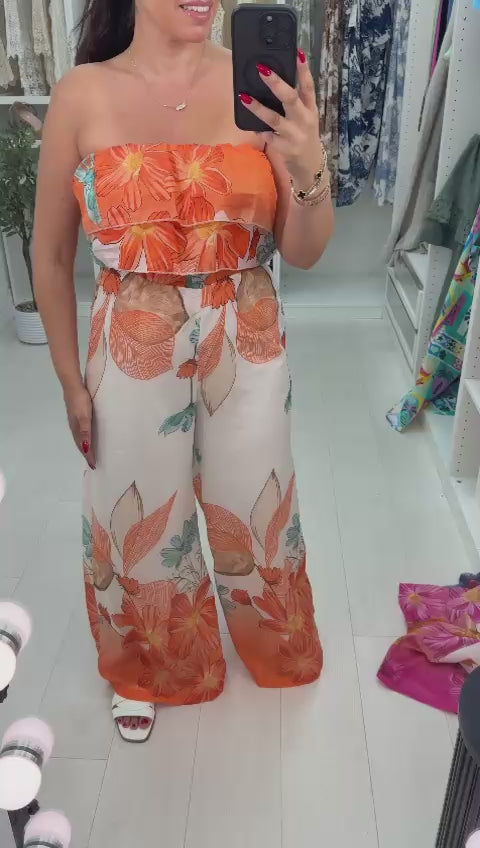 Load video: Carmella Floral Print Frill Bardot Jumpsuit