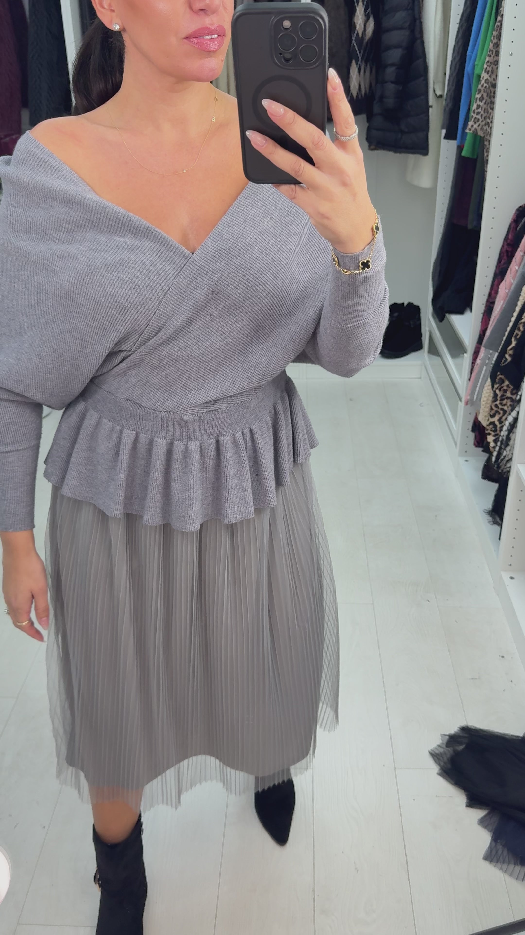 Load video: Marceline Pleated Mesh Skirt Knit Dress