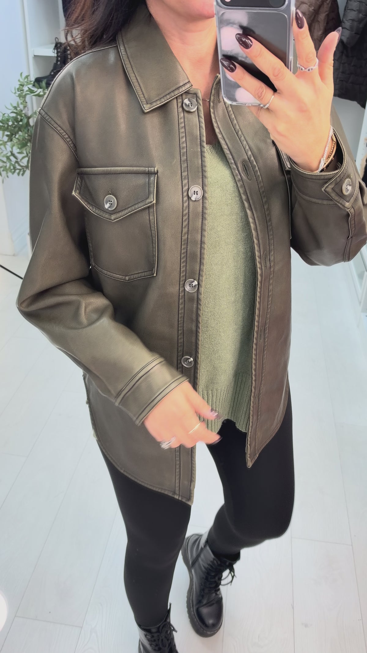 Load video: Brooklyn Dipped Hem Faux Leather Shirt