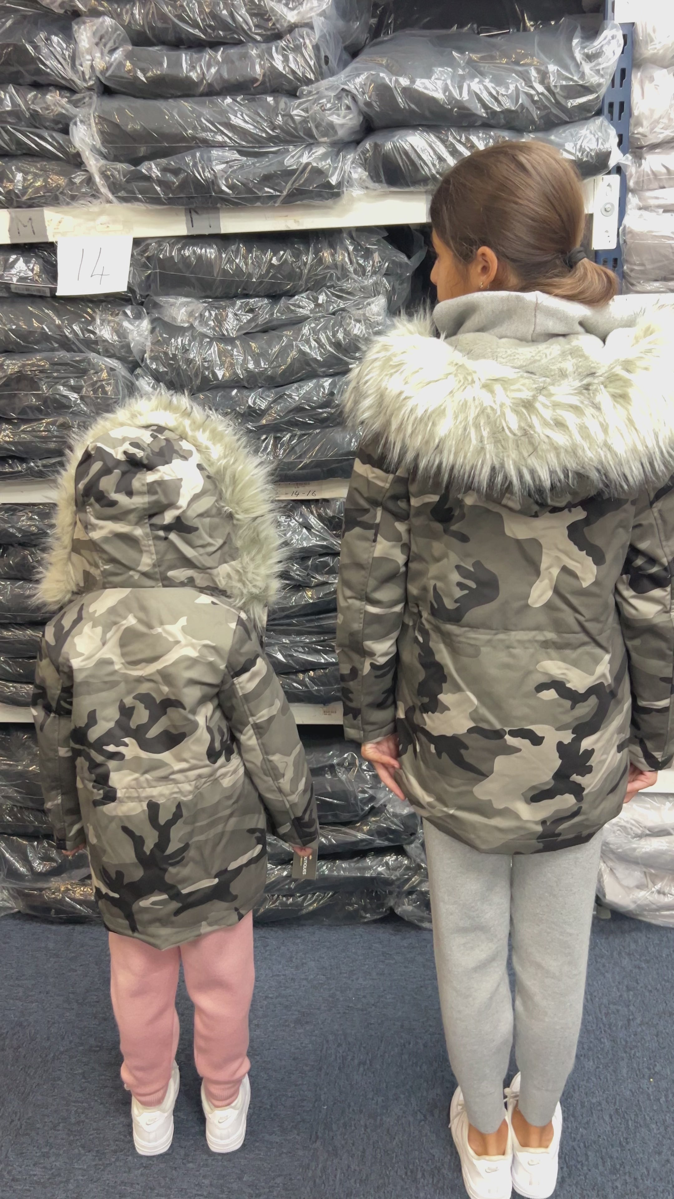 Load video: Sofia Kids Grey Faux Fur Camouflage Coat