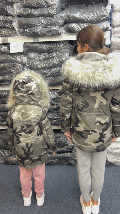 Sofia Kids Grey Faux Fur Camouflage Coat