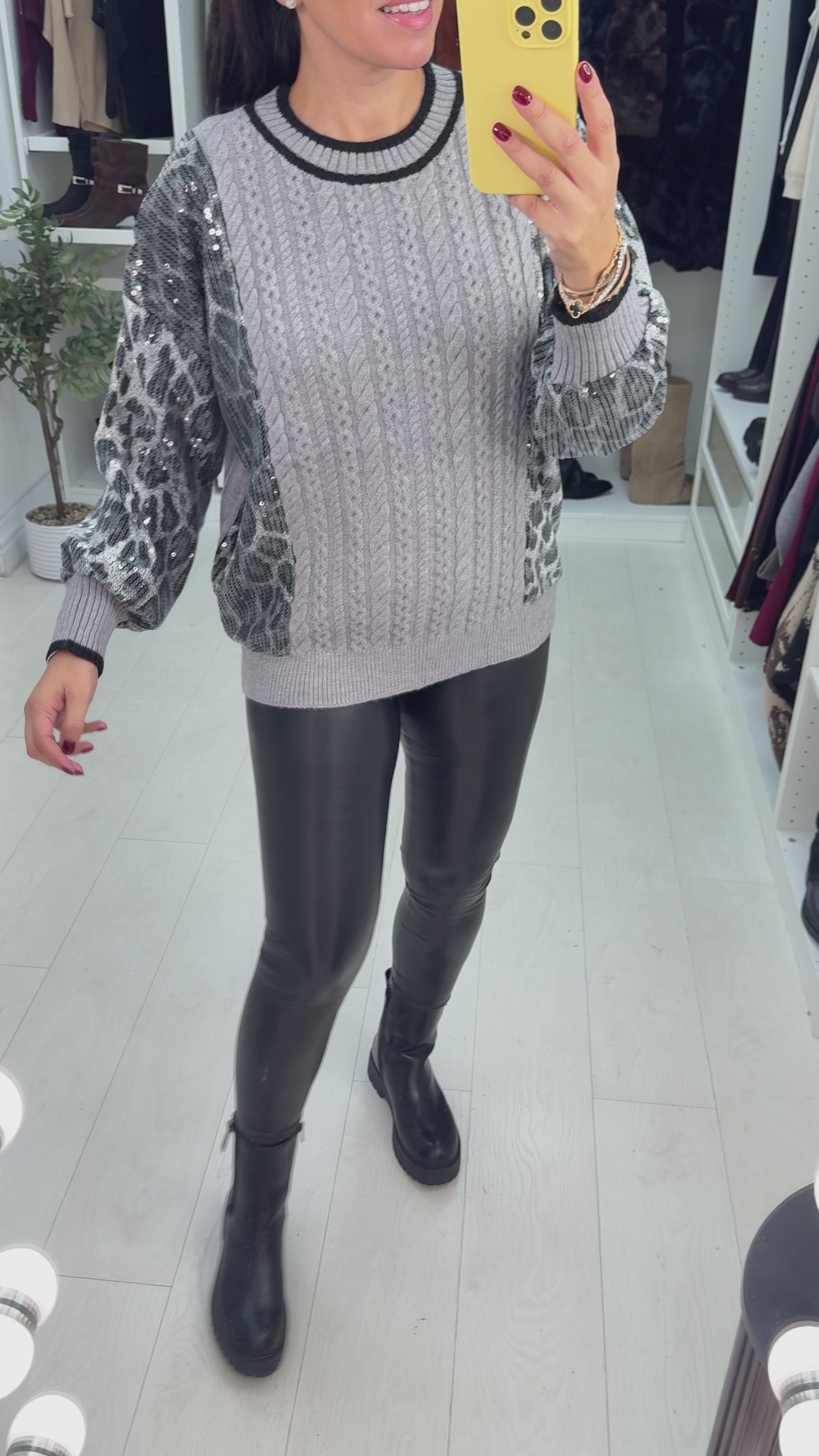 Load video: Blanca Sequin Leopard Detail Cable Knit Jumper