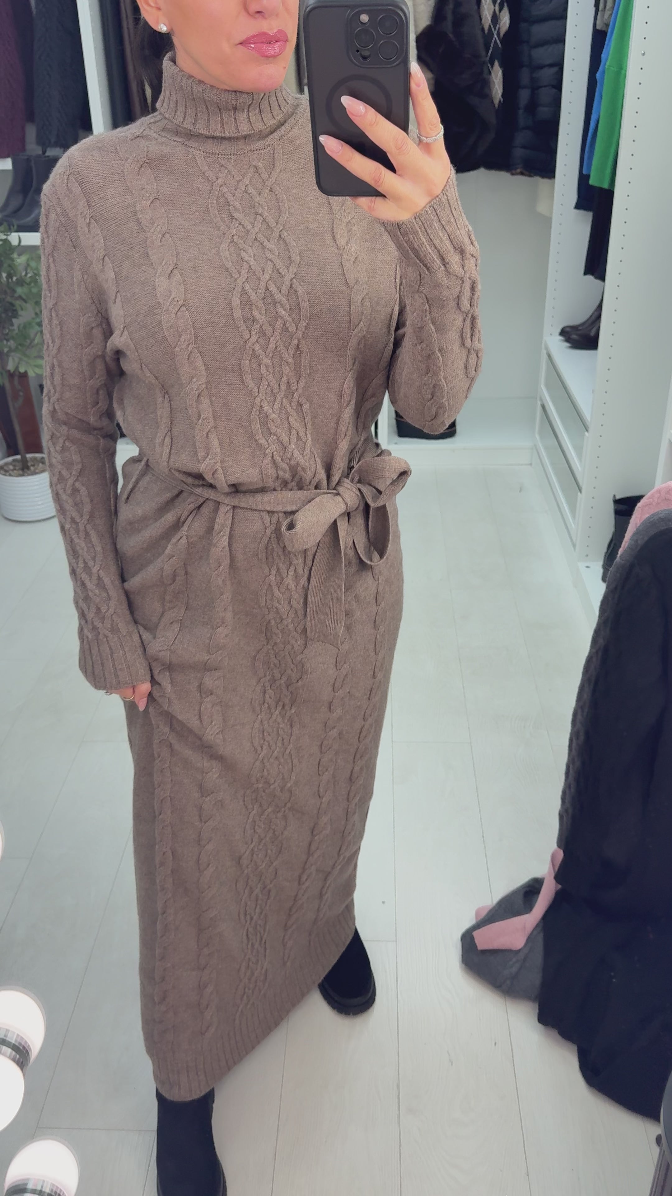 Load video: Nerida Cable Detail Belted Maxi Jumper Dress