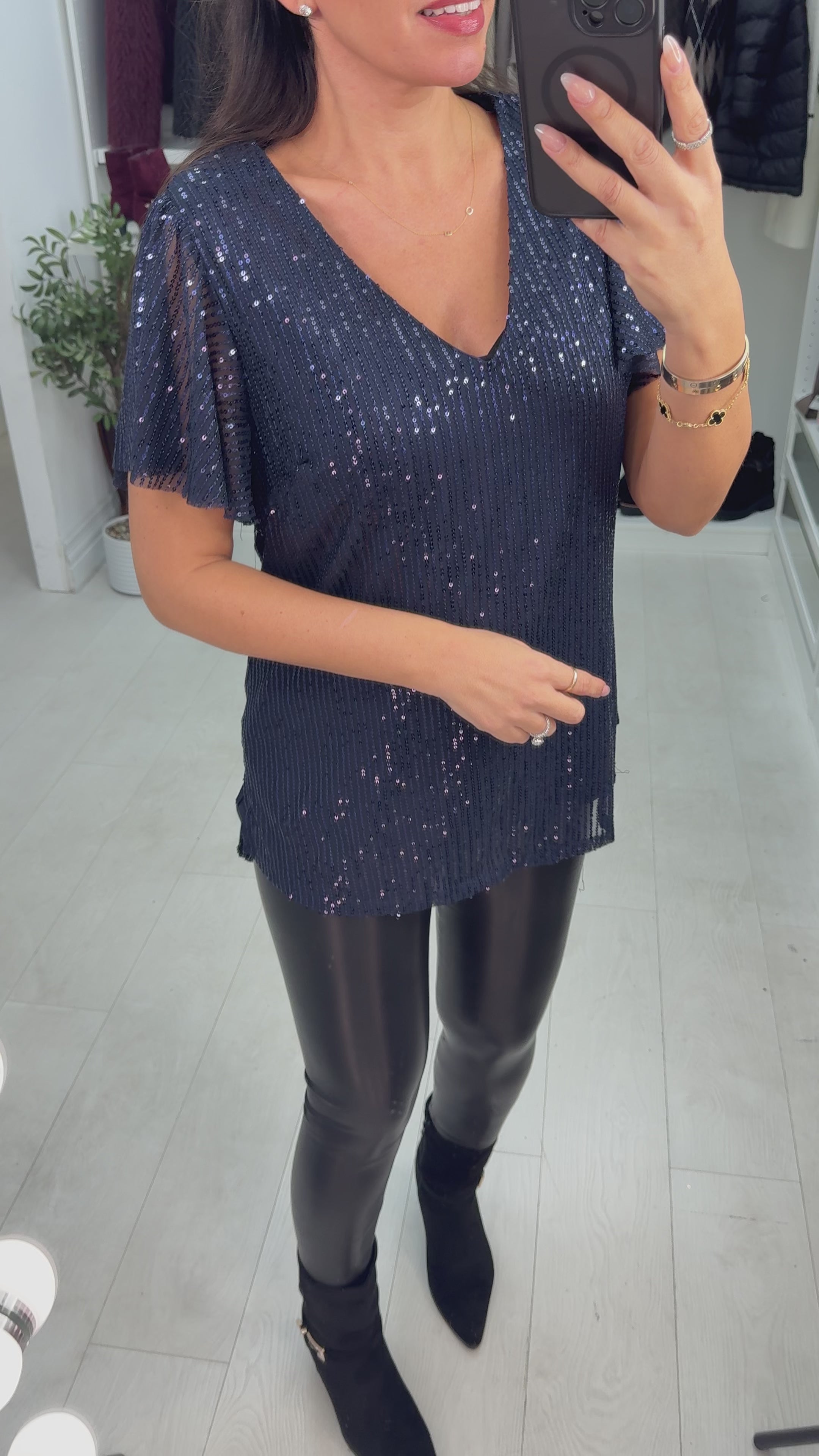 Nilah Sequin Embellished V Neck Top