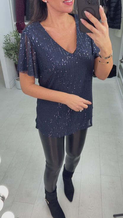 Nilah Sequin Embellished V Neck Top