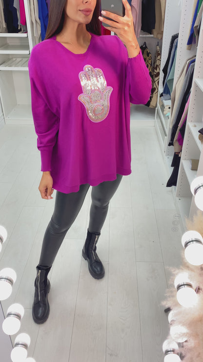 Ela Sequin Hamsa Hand Drop Sleeve Knit Top