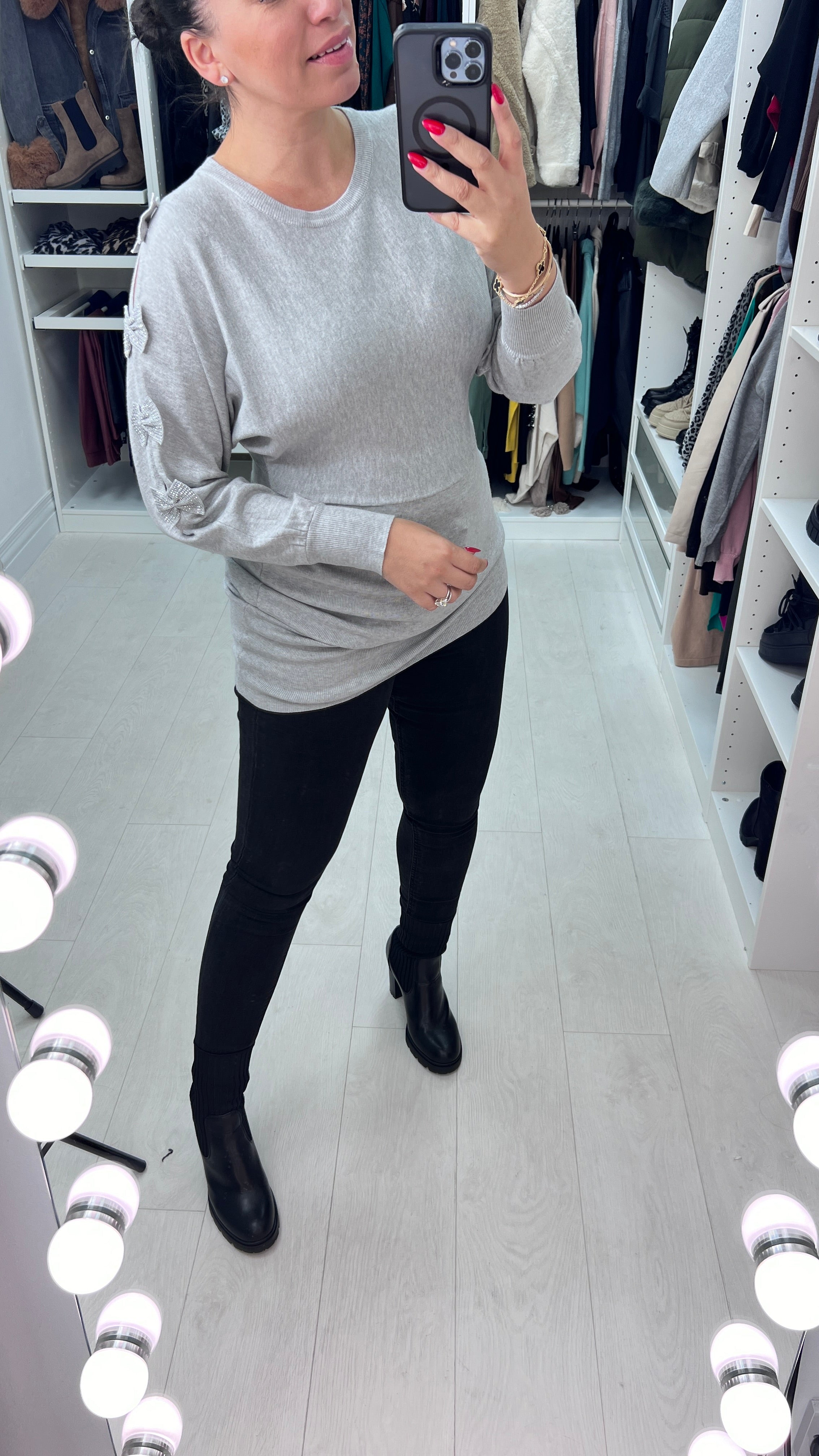 Rizz Diamante Bow Sleeve Detailed Knit Jumper