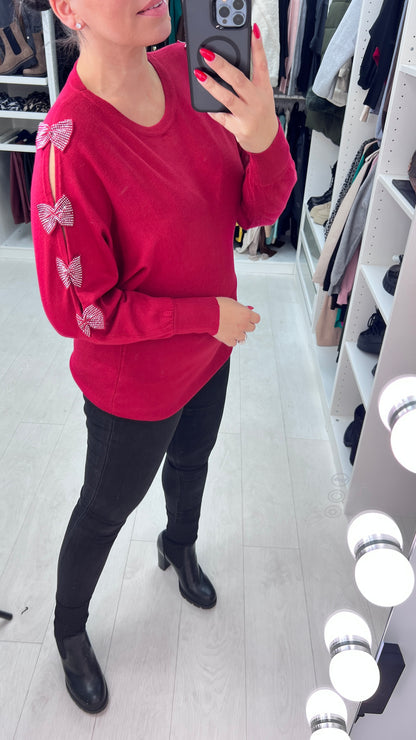 Rizz Diamante Bow Sleeve Detailed Knit Jumper