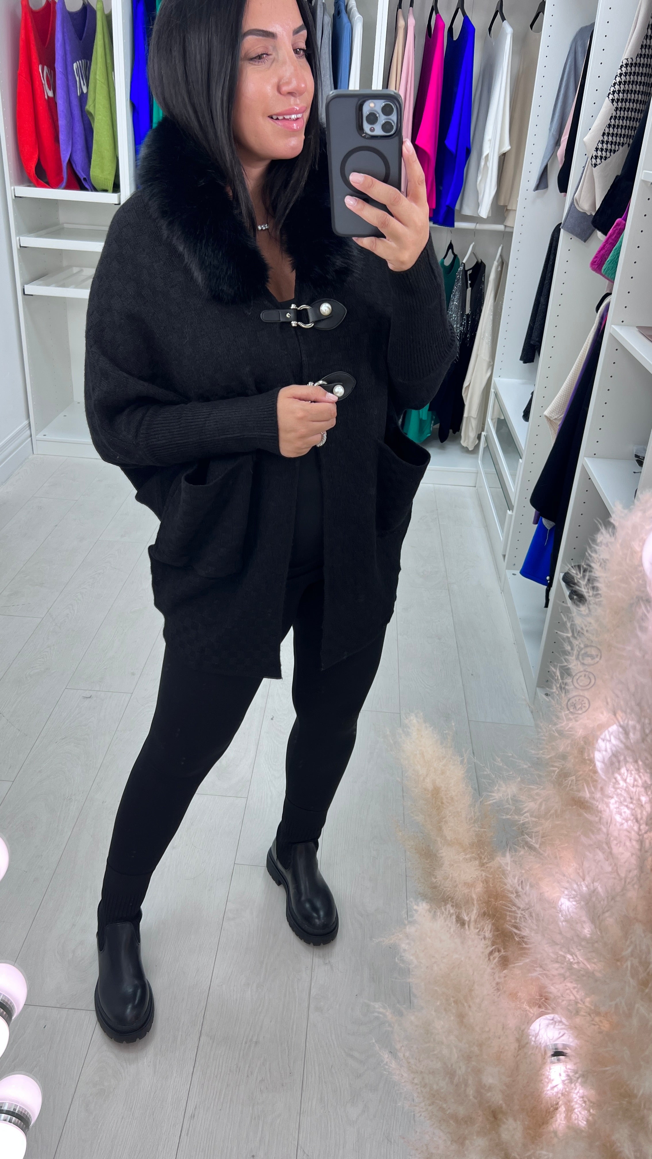 Samson Faux Fur Neck Crosshatch Detail Cardigan