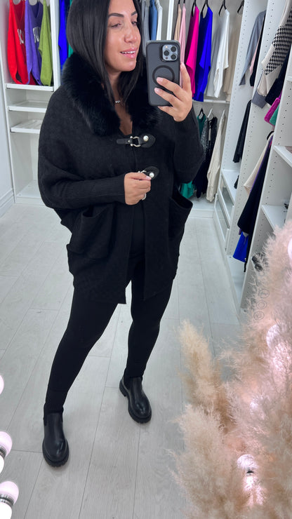 Samson Faux Fur Neck Crosshatch Detail Cardigan