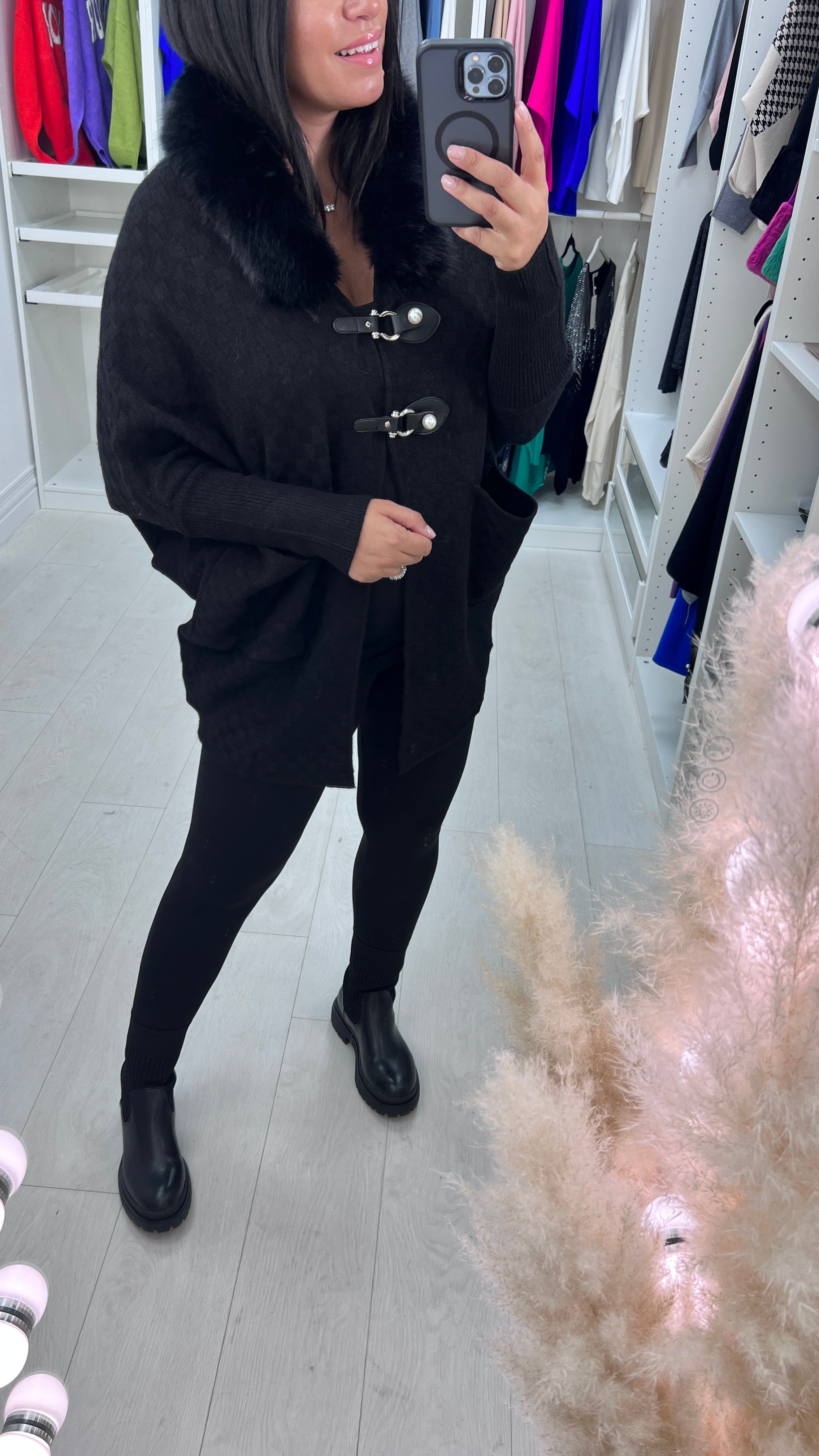 Samson Faux Fur Neck Crosshatch Detail Cardigan