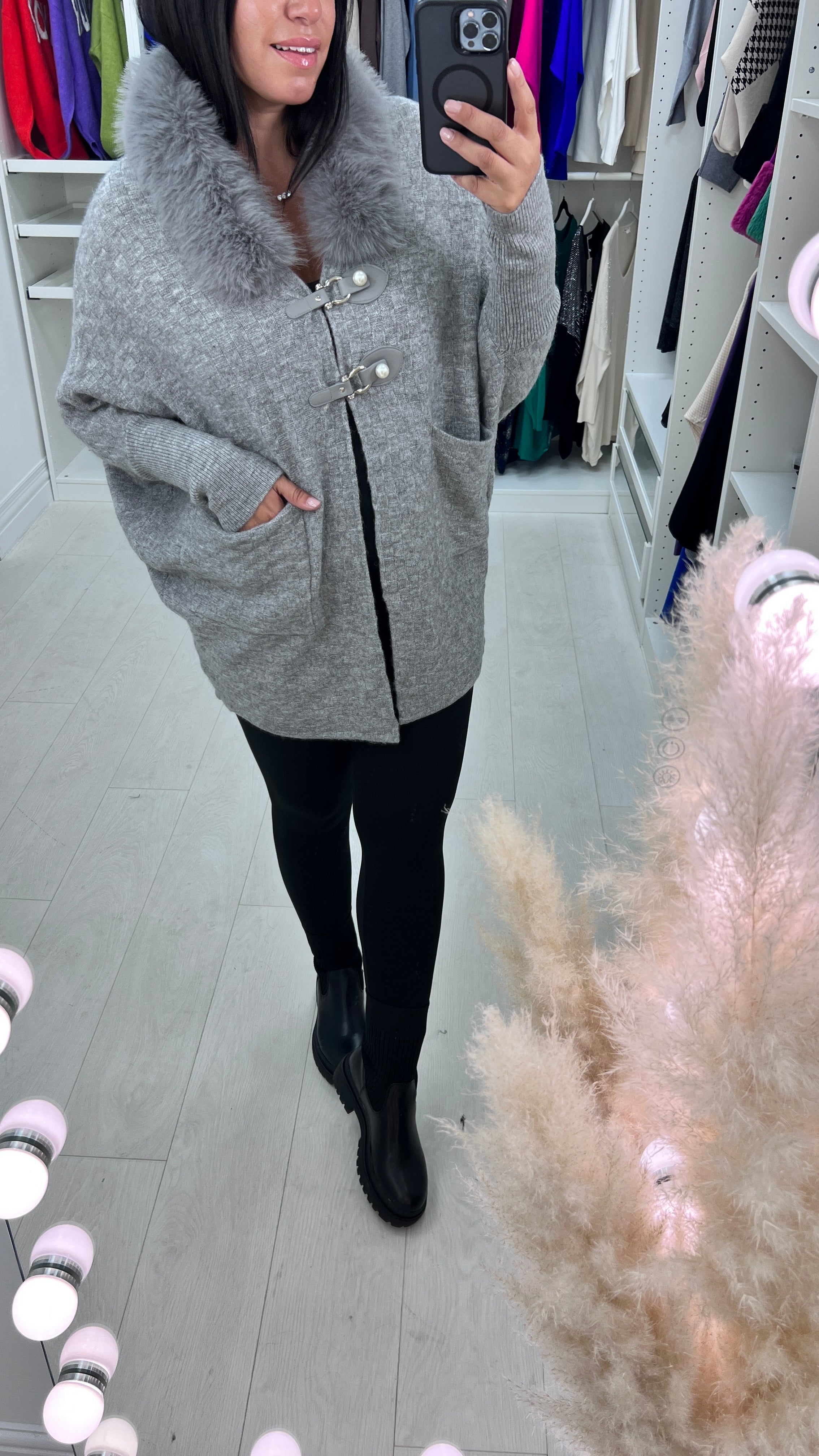 Samson Faux Fur Neck Crosshatch Detail Cardigan