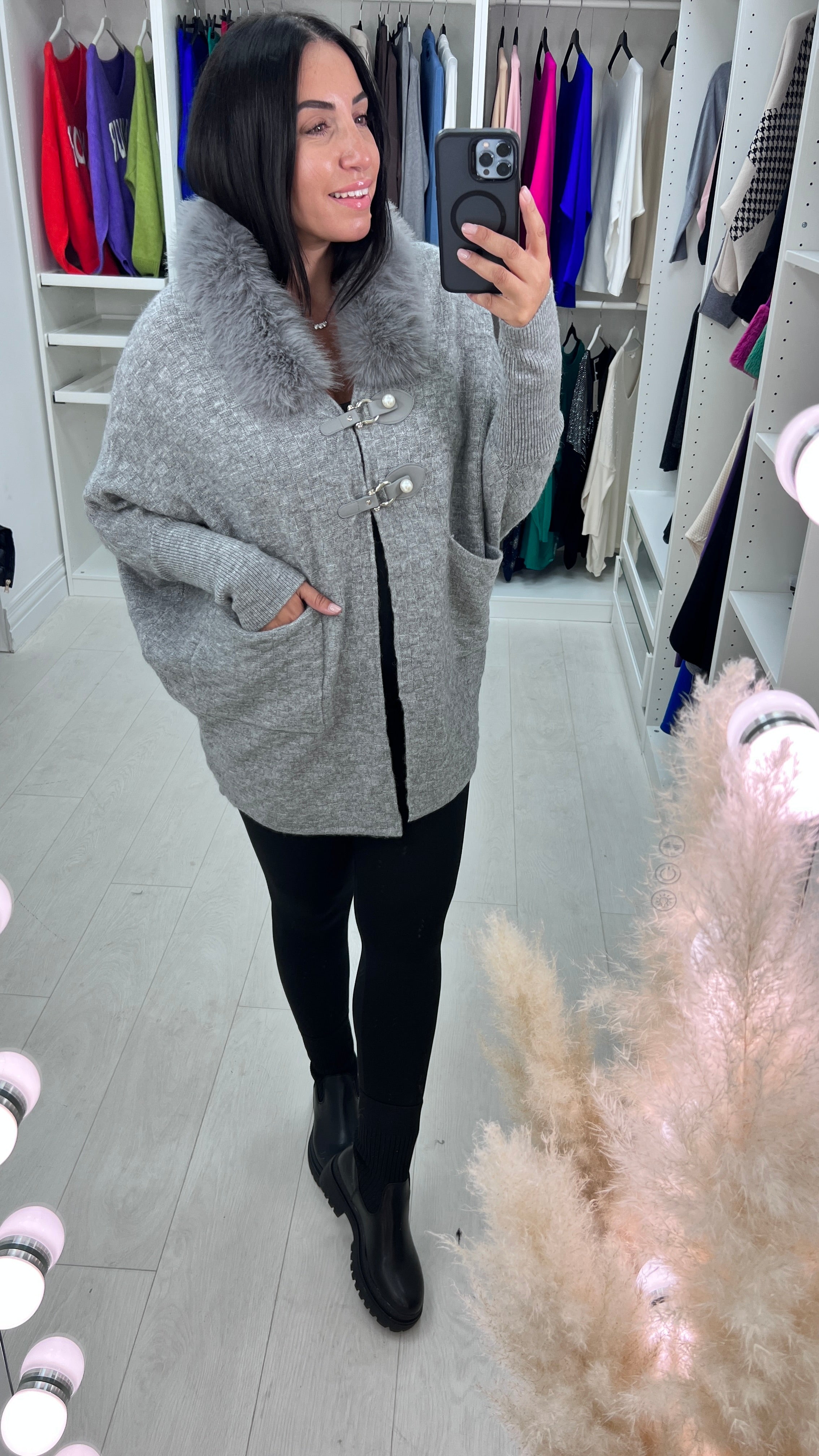 Samson Faux Fur Neck Crosshatch Detail Cardigan